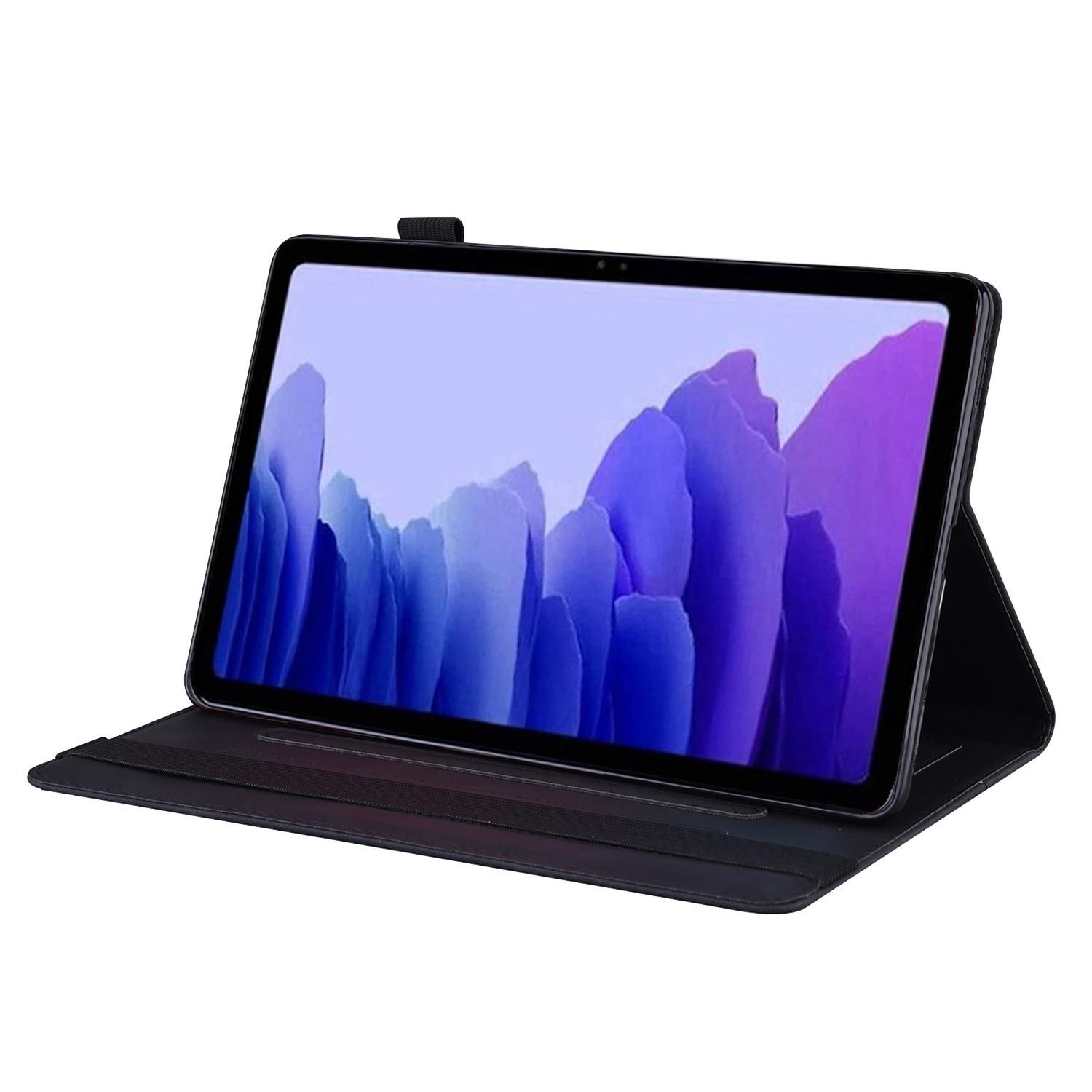 Una tableta en una funda negra está abierta. La pantalla muestra una cordillera púrpura. La funda está sobre una superficie blanca.
