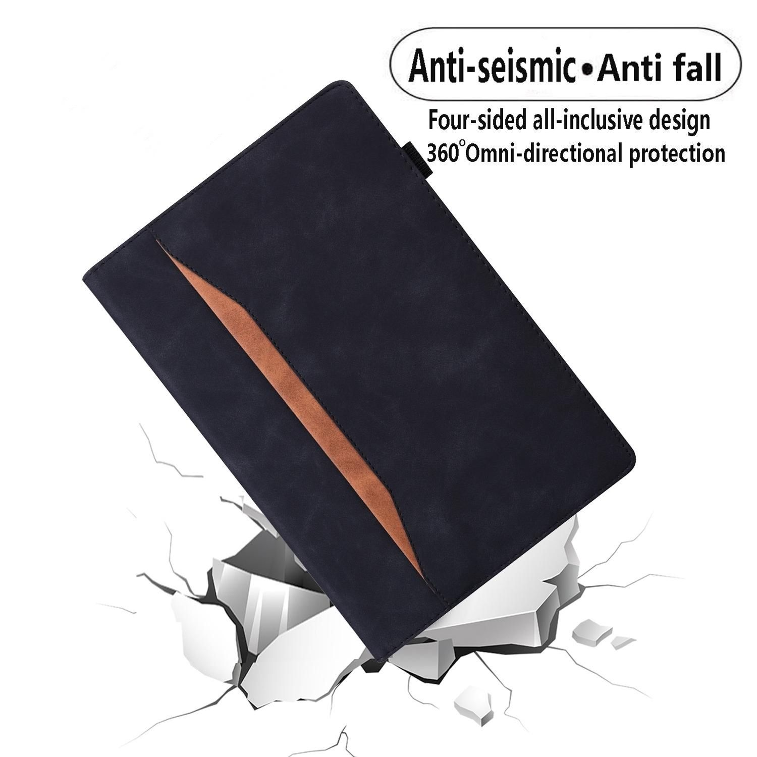 Funda de tableta azul oscuro con acento marrón, sobre una superficie blanca agrietada con texto: antisísmico y anticaída.