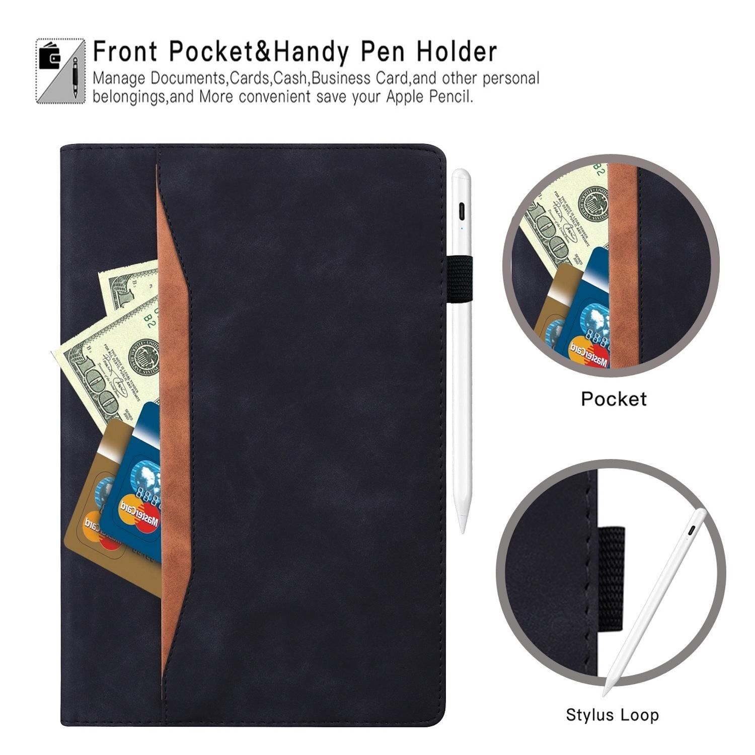 Un folio de cuero negro con bolsillos que contienen dinero y tarjetas. Un bolígrafo blanco está en un lazo. Texto: 'Front Pocket & Pen Holder'.