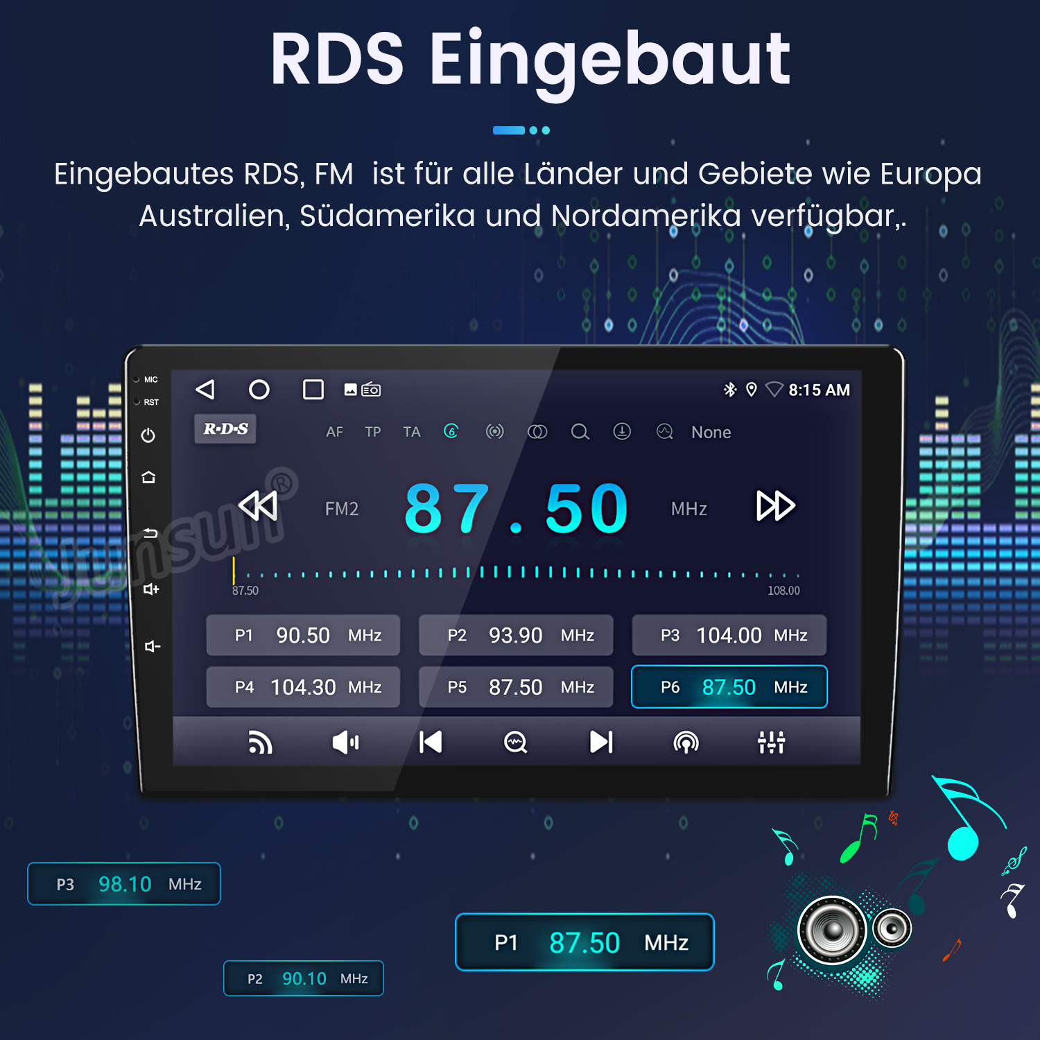 Ein Autoradio-Bildschirm zeigt FM-Radioinformationen an. Der Bildschirm zeigt die Frequenz 87,50 MHz und andere voreingestellte Sender.