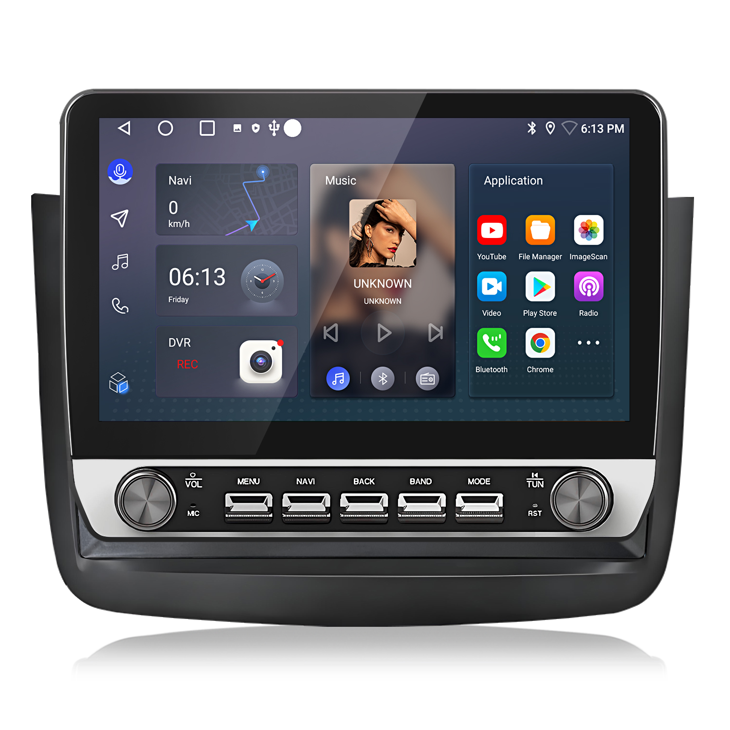Auto-Multimedia-System-Display. Zeigt Navigation, Musik und App-Symbole. Hat Tasten für Lautstärke, Menü und andere Funktionen.