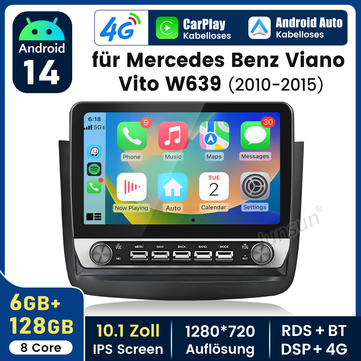 Multimedia-System für Mercedes Benz Viano Vito W639, mit Android 14, 10,1-Zoll-Bildschirm und CarPlay-Unterstützung.