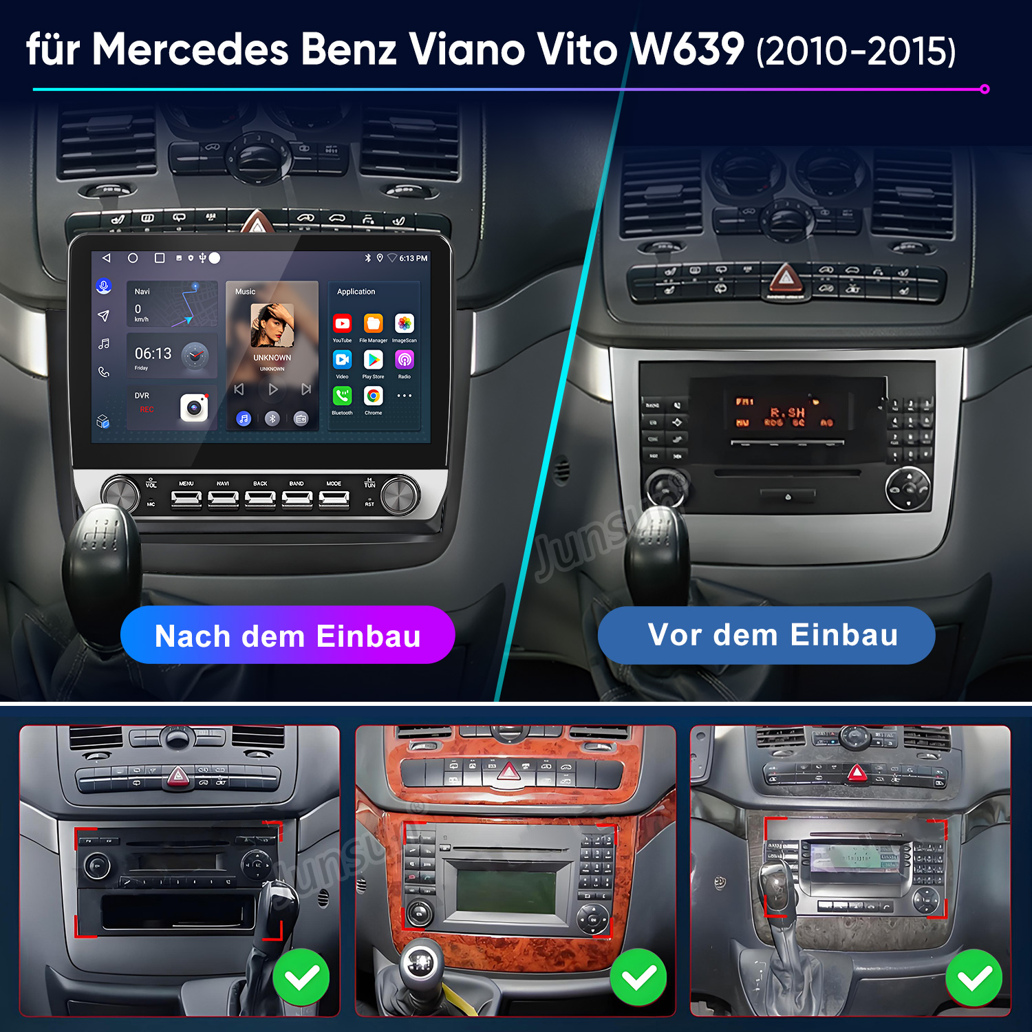 Das Bild zeigt das Armaturenbrett eines Autos vor und nach der Installation eines neuen Multimediasystems. Enthält Navigations- und Musik-Apps.