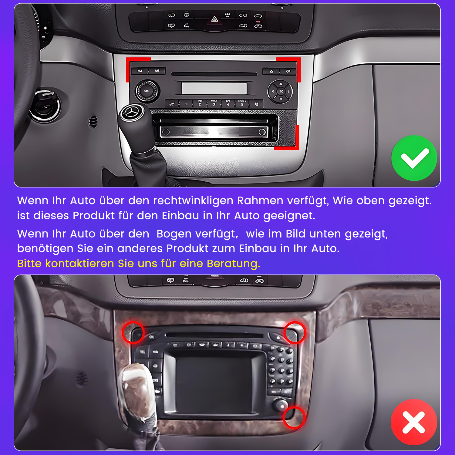Autoradio mit rechteckigem Rahmen. Oberes Bild ist ok, unteres Bild ist nicht ok, da die Form anders ist.