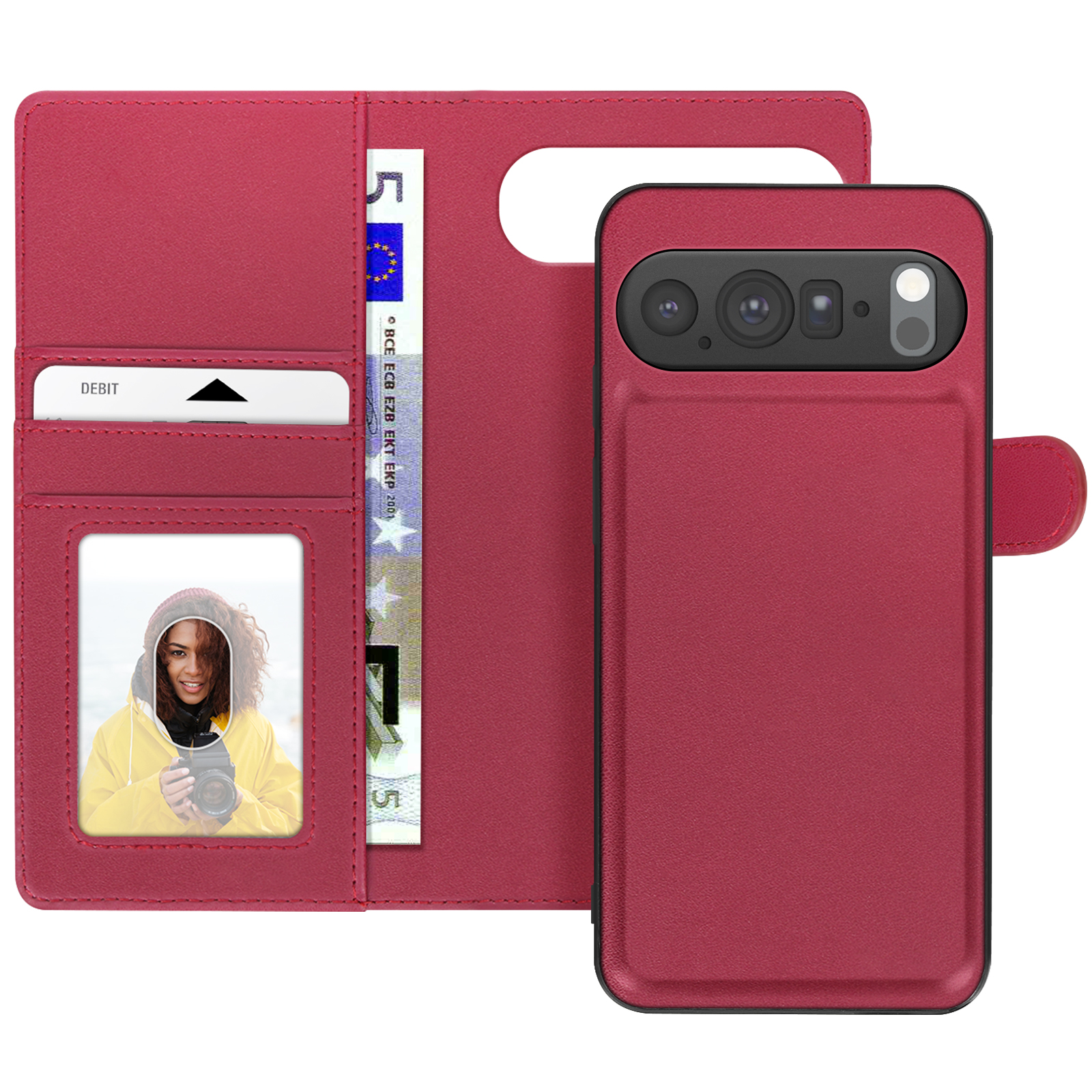 Étui de téléphone rouge avec téléphone, portefeuille avec carte de débit, billet de 5 euros et photo d'une femme.