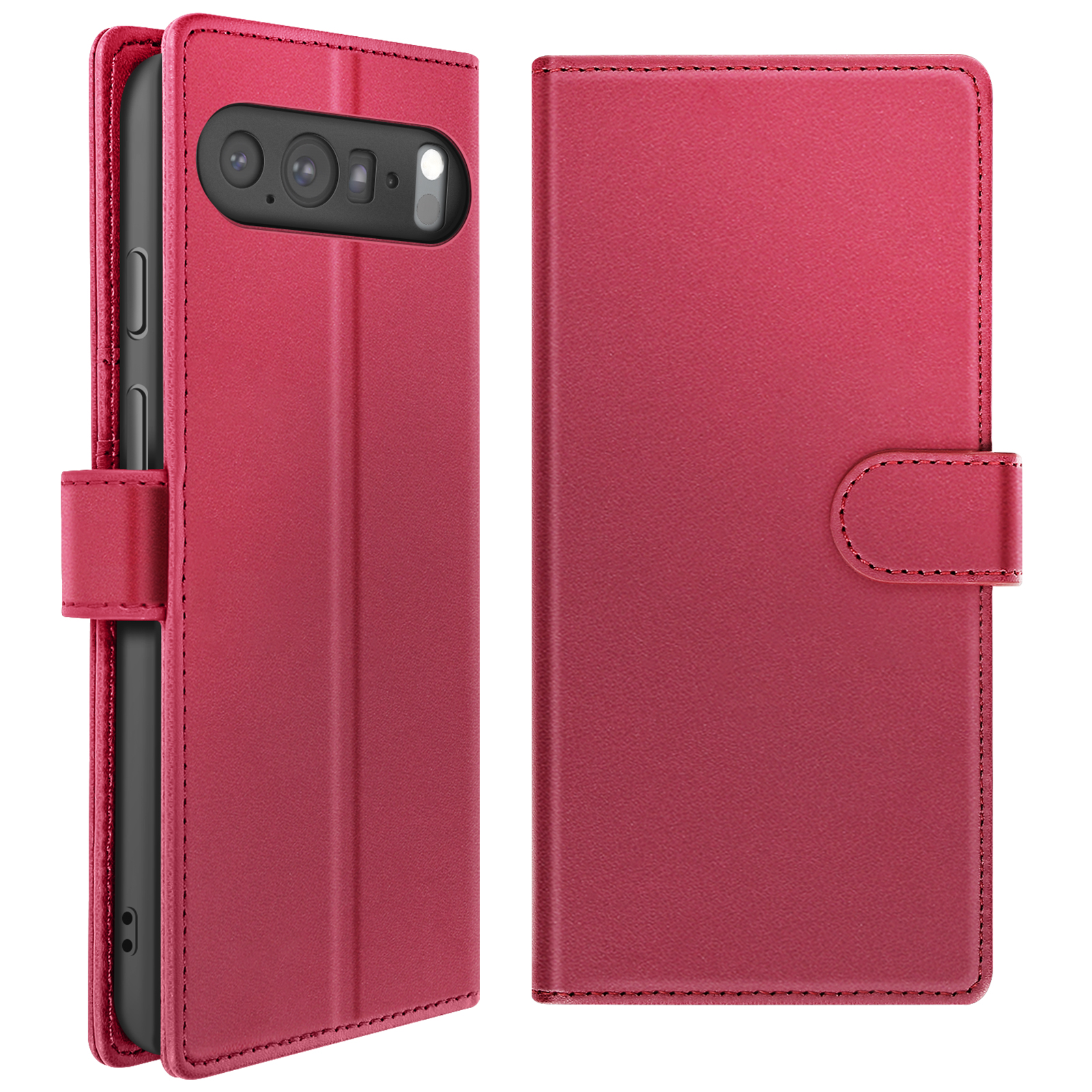 Un étui de téléphone rouge est ouvert, montrant un téléphone. Un autre étui rouge fermé est à côté. Les deux sur fond blanc.