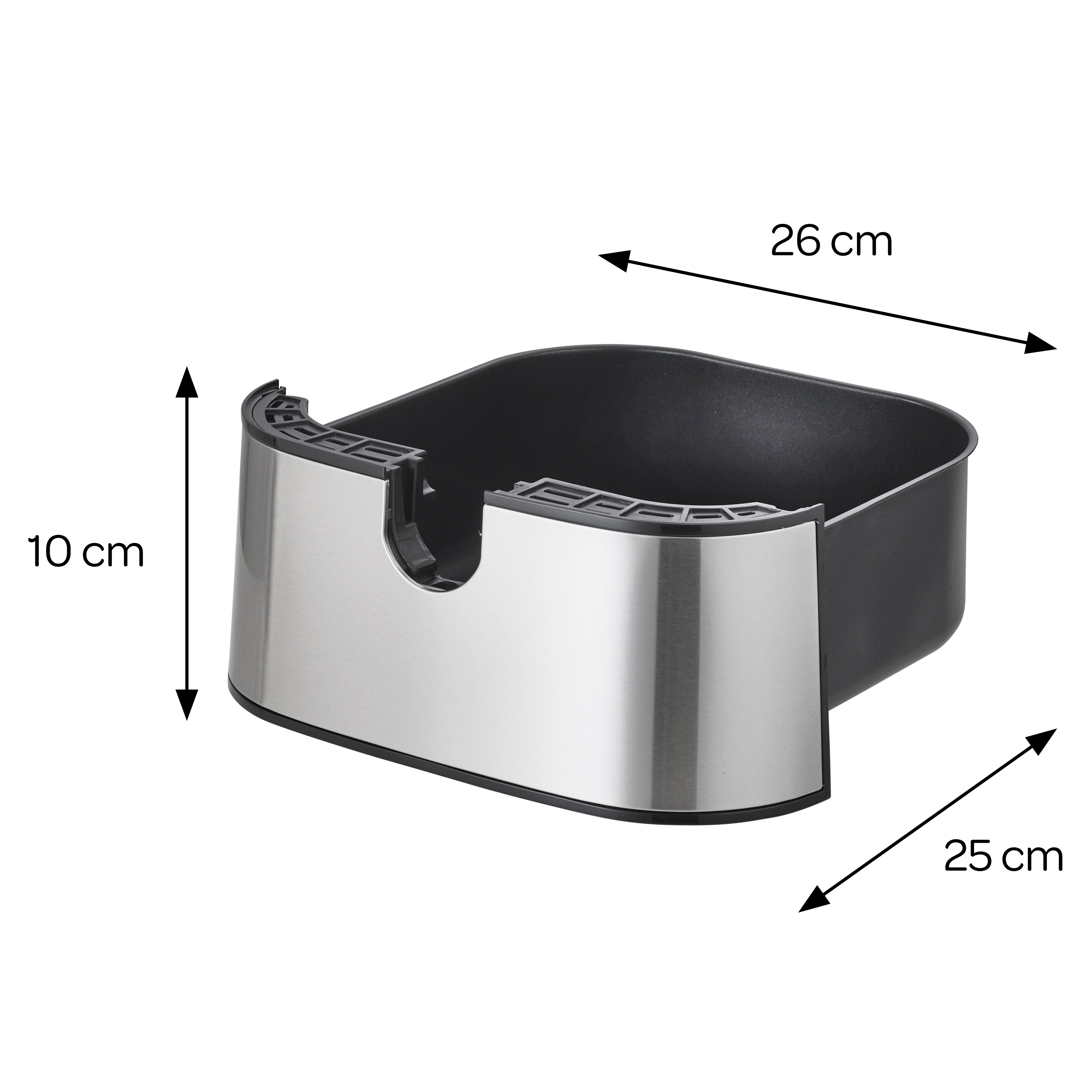 Een airfryer mand. Het is roestvrij staal met een zwart interieur. Afmetingen zijn: 26cm x 25cm x 10cm.