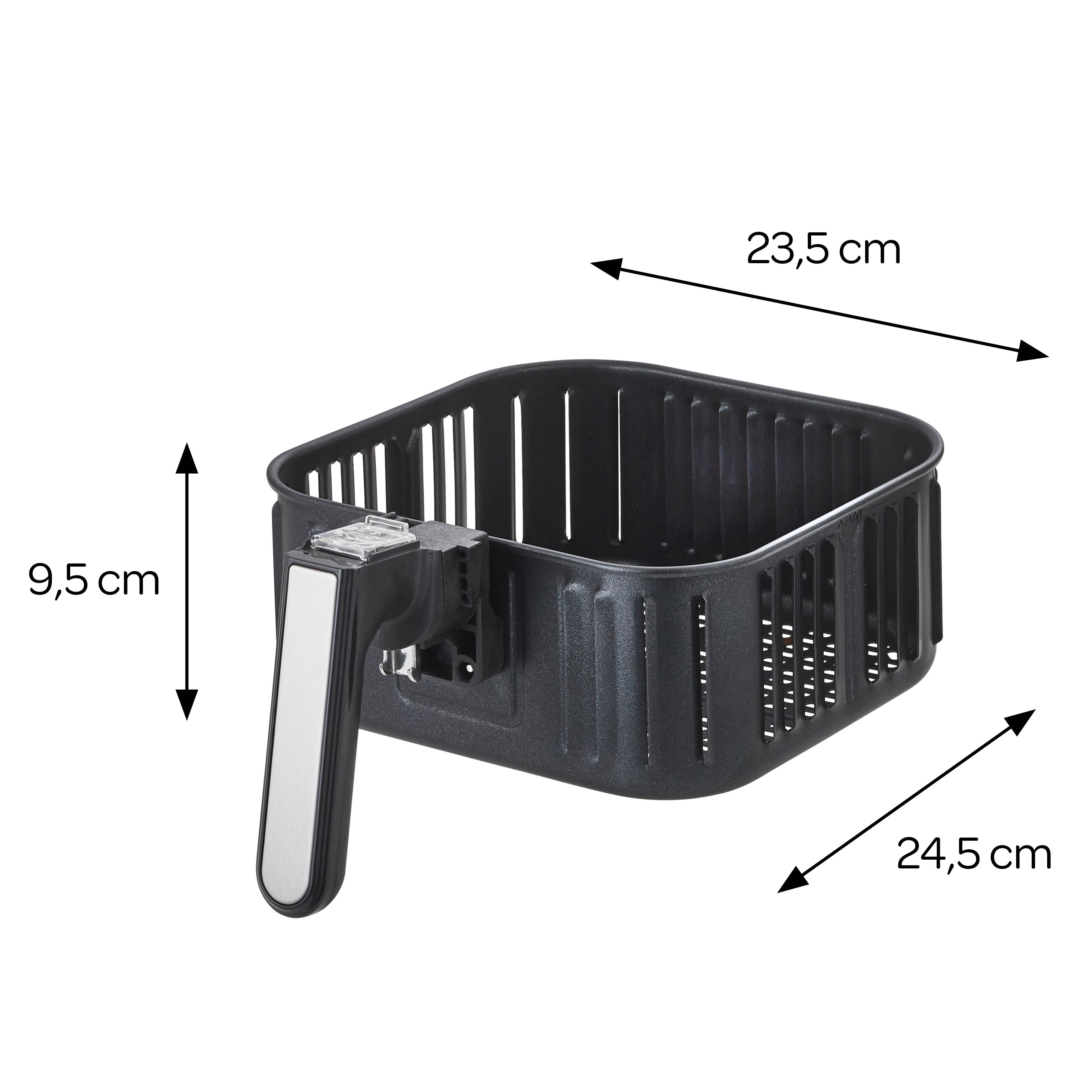 Zwarte airfryer mand met handvat. Afmetingen: 23,5 cm x 24,5 cm x 9,5 cm. Witte achtergrond.