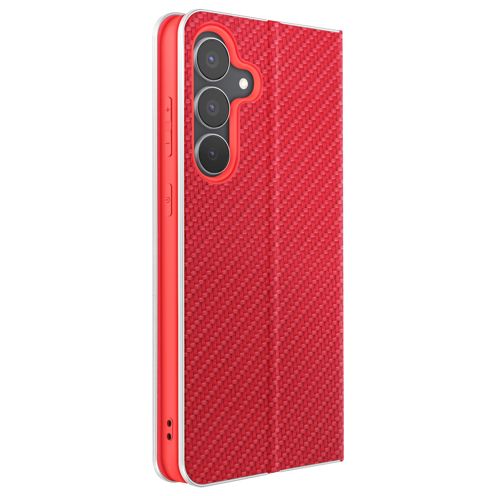 Custodia rossa per telefono con trama intrecciata, lenti della fotocamera e pulsanti laterali. La custodia è aperta.