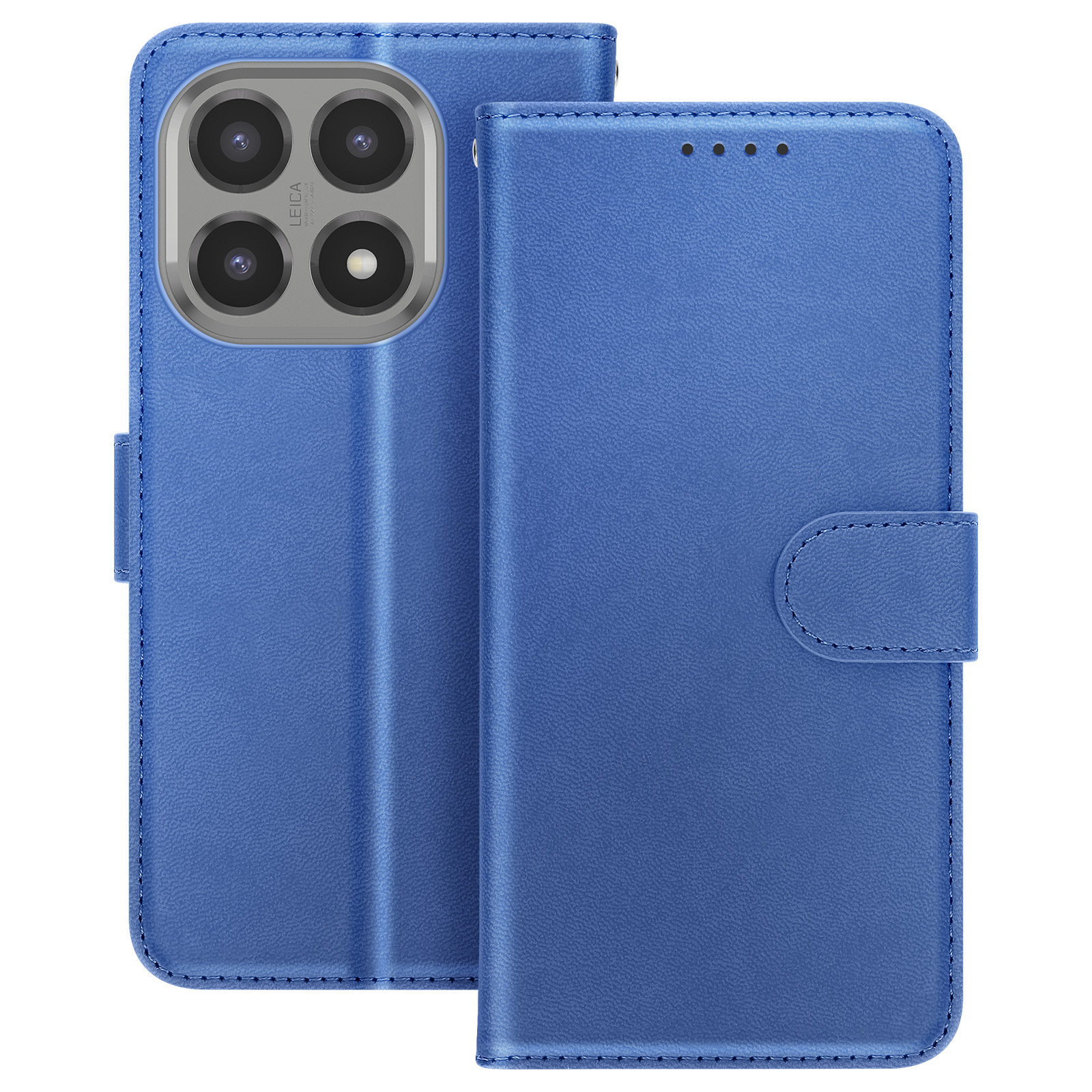 Una custodia blu per telefono con ritaglio per fotocamera, quattro lenti e chiusura magnetica. La custodia è chiusa.