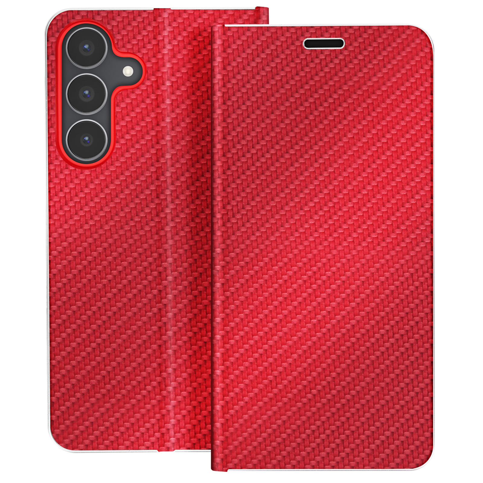 Custodia rossa per telefono con trama intrecciata, parzialmente aperta. Ha lenti della fotocamera.