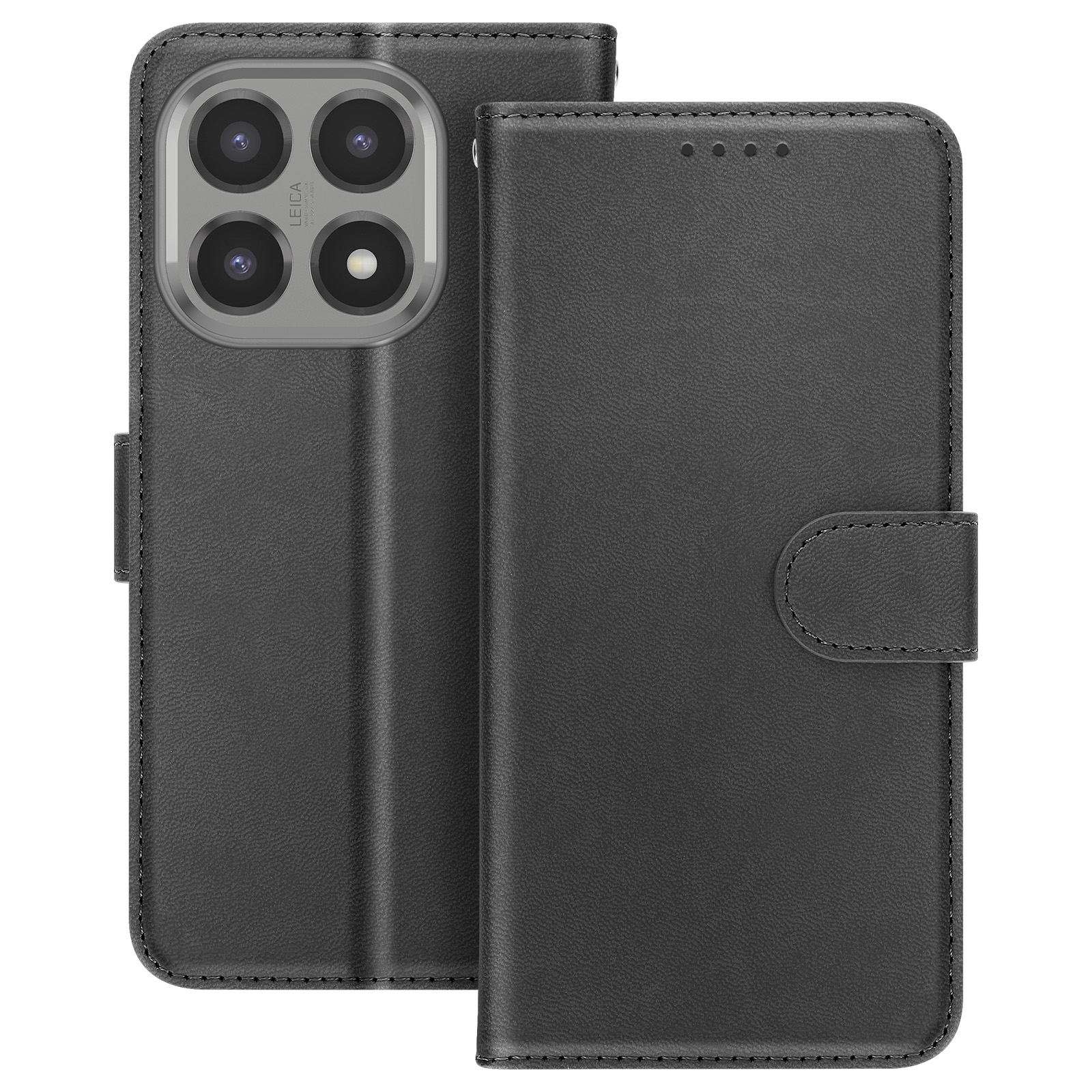 Custodia per telefono in pelle nera con più obiettivi della fotocamera visibili. La custodia è aperta, che mostra il retro e la copertura del telefono.