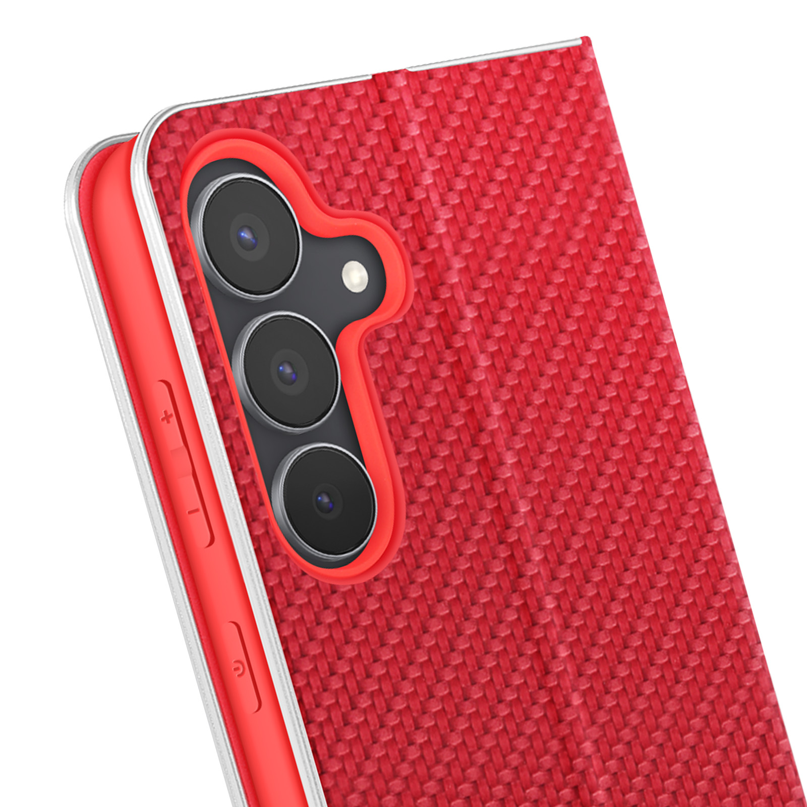 Primo piano di una custodia rossa con motivo a trama e lenti della fotocamera. Pulsanti del volume visibili.
