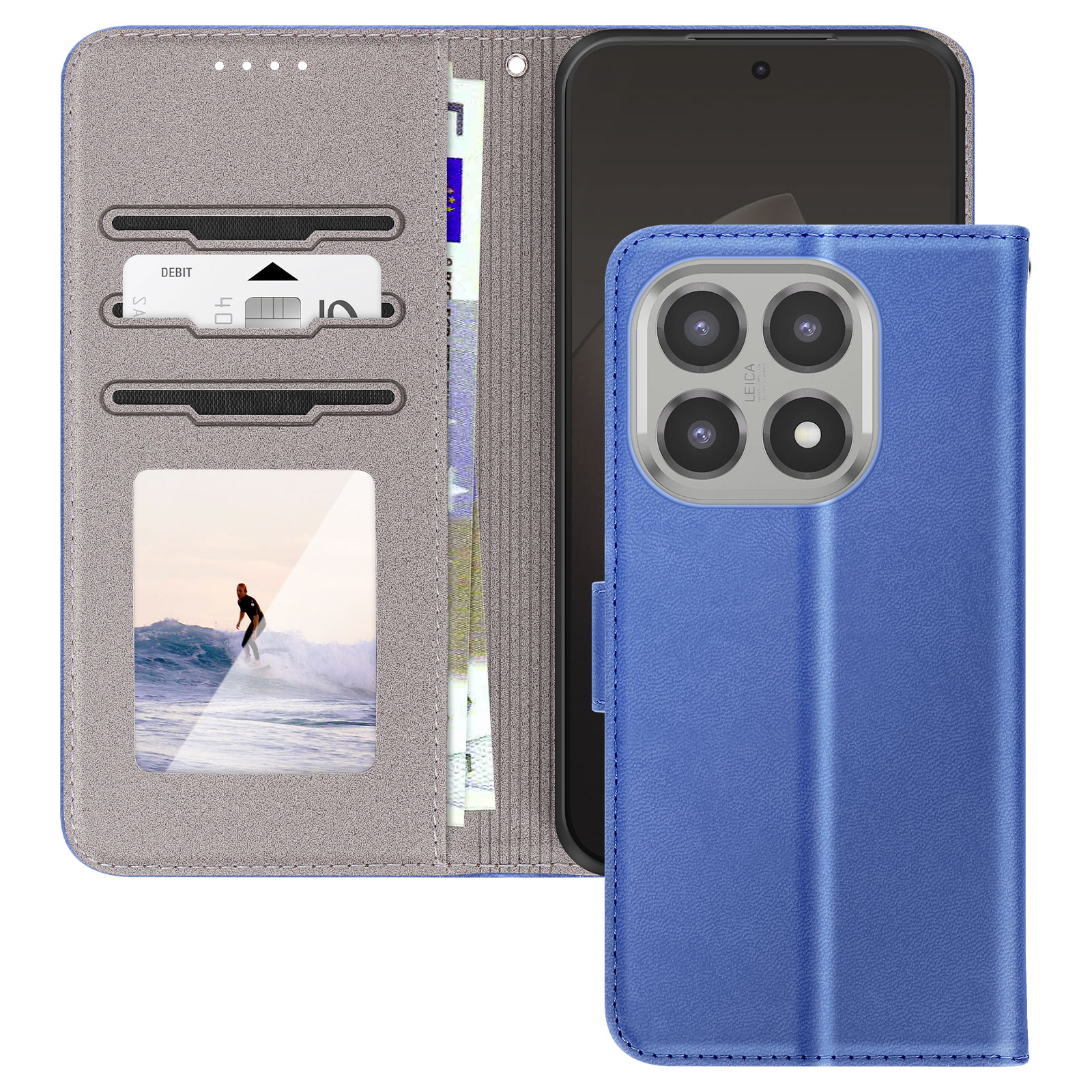 Custodia blu per telefono con telefono all'interno. La custodia ha fessure per carte e un surfista.