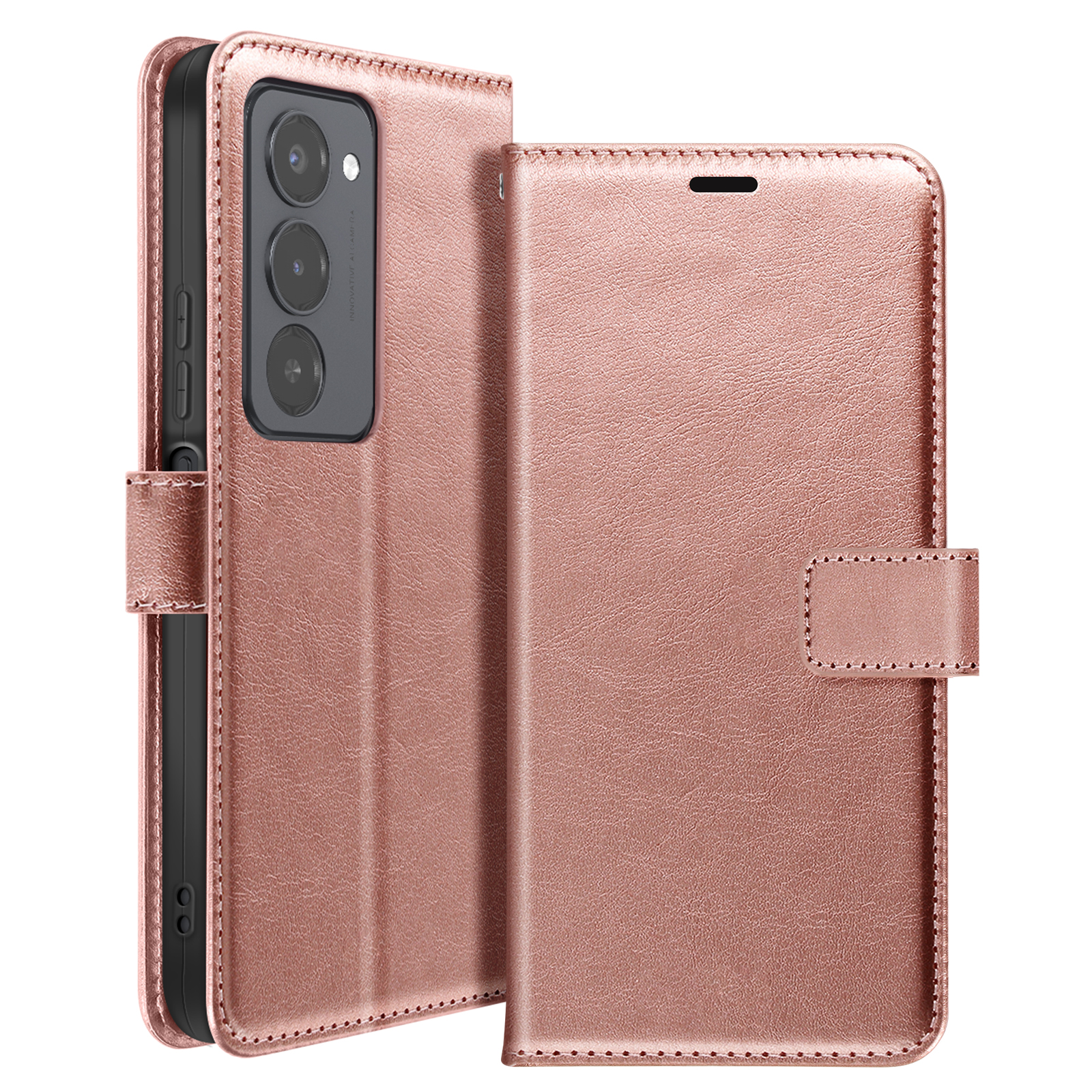 Roségoldfarbene Handyhülle, offen, mit Telefon und Abdeckung. Merkmale sind ein Magnetverschluss und genähte Kanten.