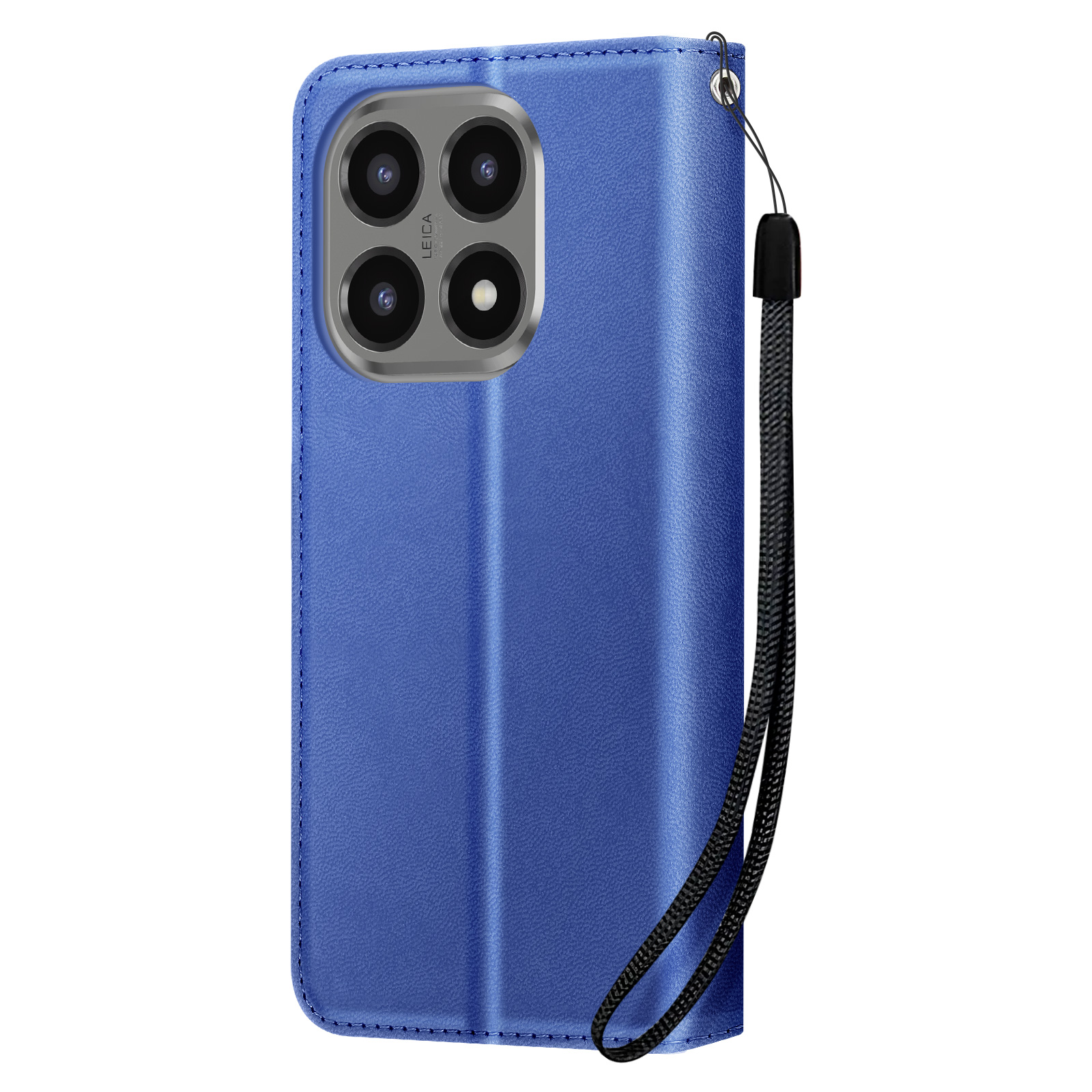 Custodia blu per telefono con quattro lenti e cinturino nero. Lo sfondo è bianco.