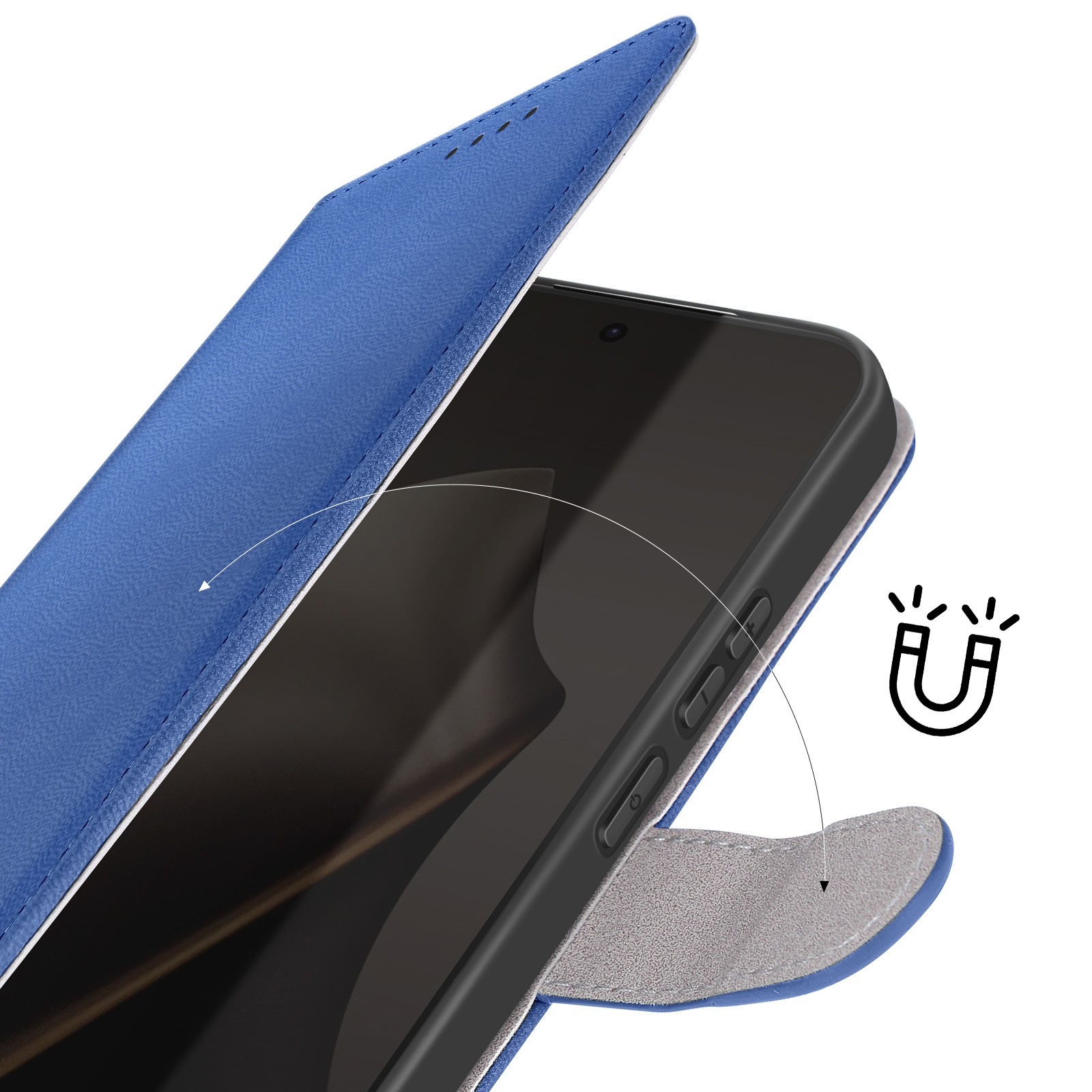 Una custodia blu per telefono con un telefono all'interno. La custodia è aperta, mostrando il telefono e un'icona magnetica.