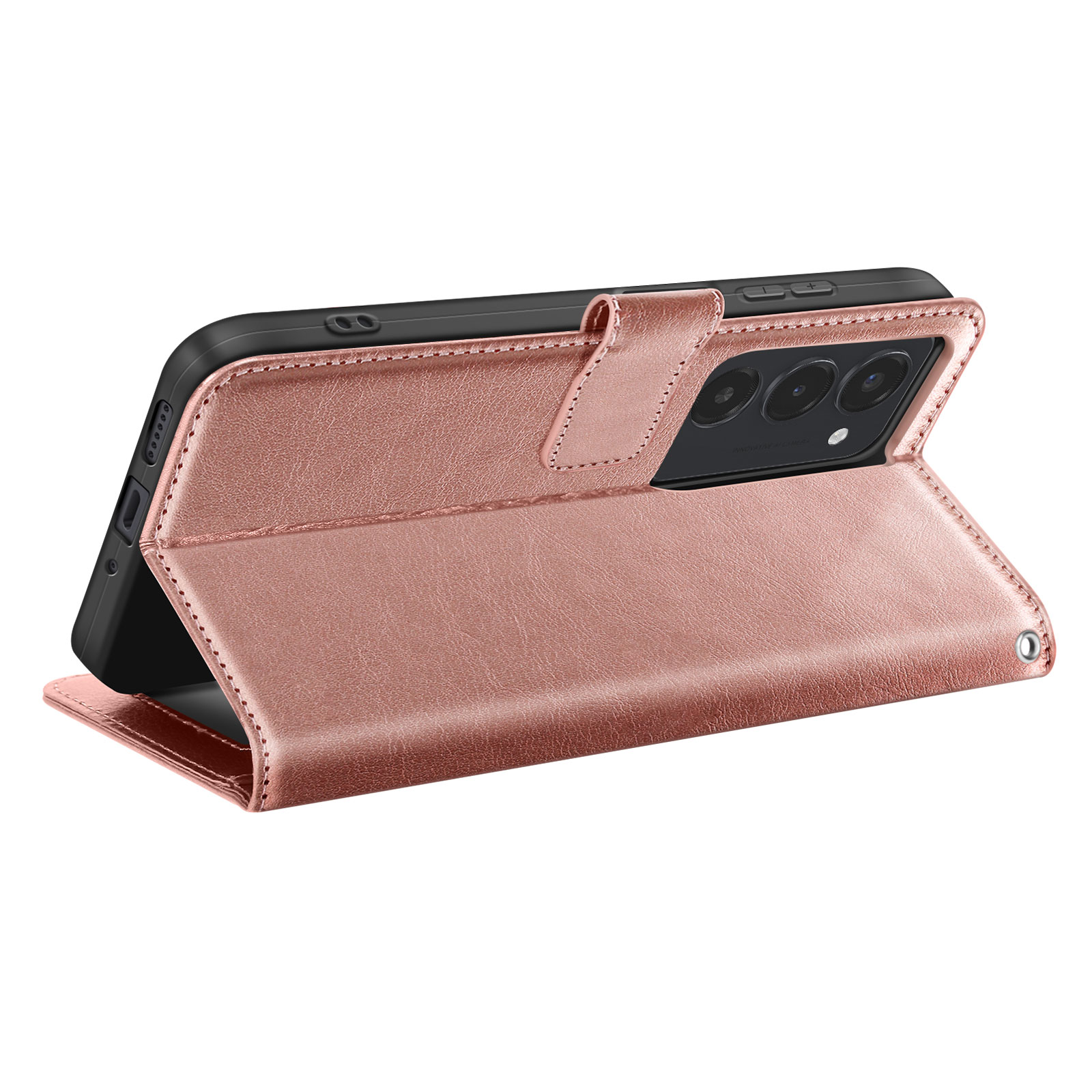 Roségoldfarbene Handyhülle, geöffnet, Handy zeigend. Schwarzes Telefon innen und ein Knopfverschluss.