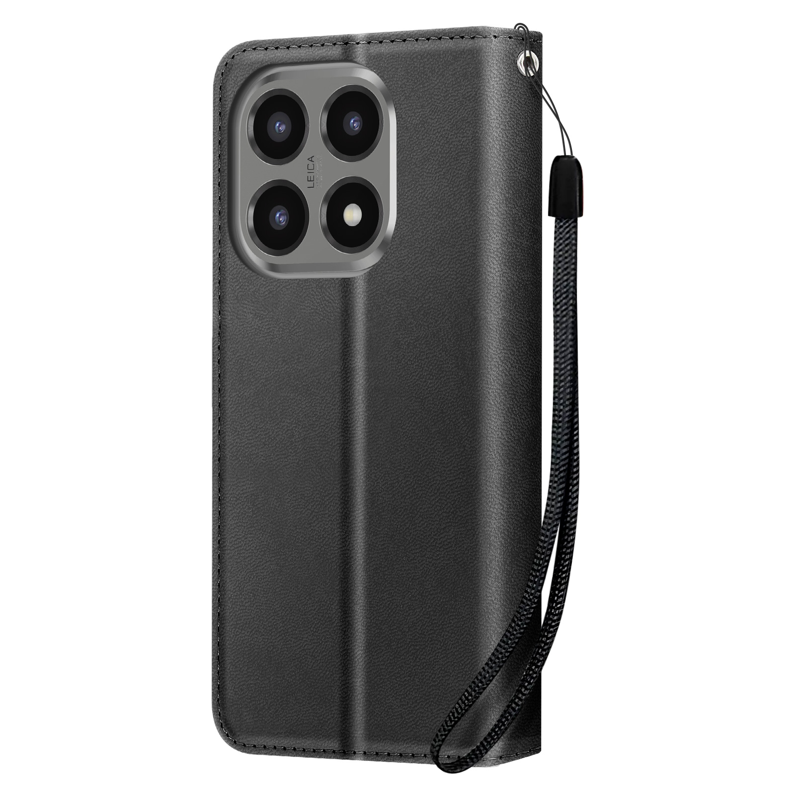 Custodia per telefono nera con modulo fotocamera. Ha un cinturino. La custodia è chiusa. Il logo Leica è visibile.
