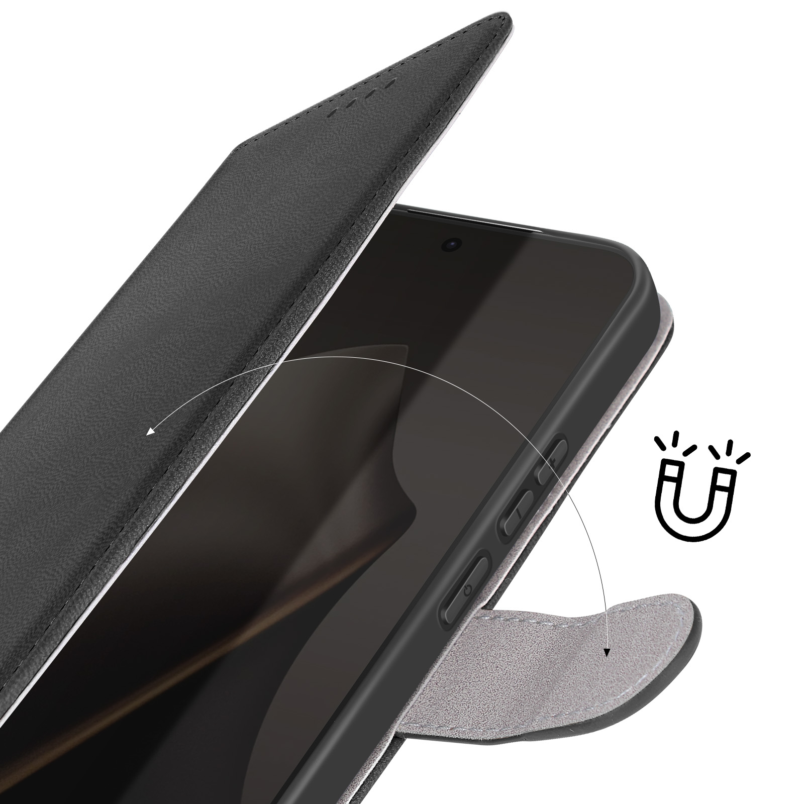Viene mostrato un telefono in una custodia nera. La custodia è aperta, rivelando il telefono. È presente un'icona a forma di calamita.