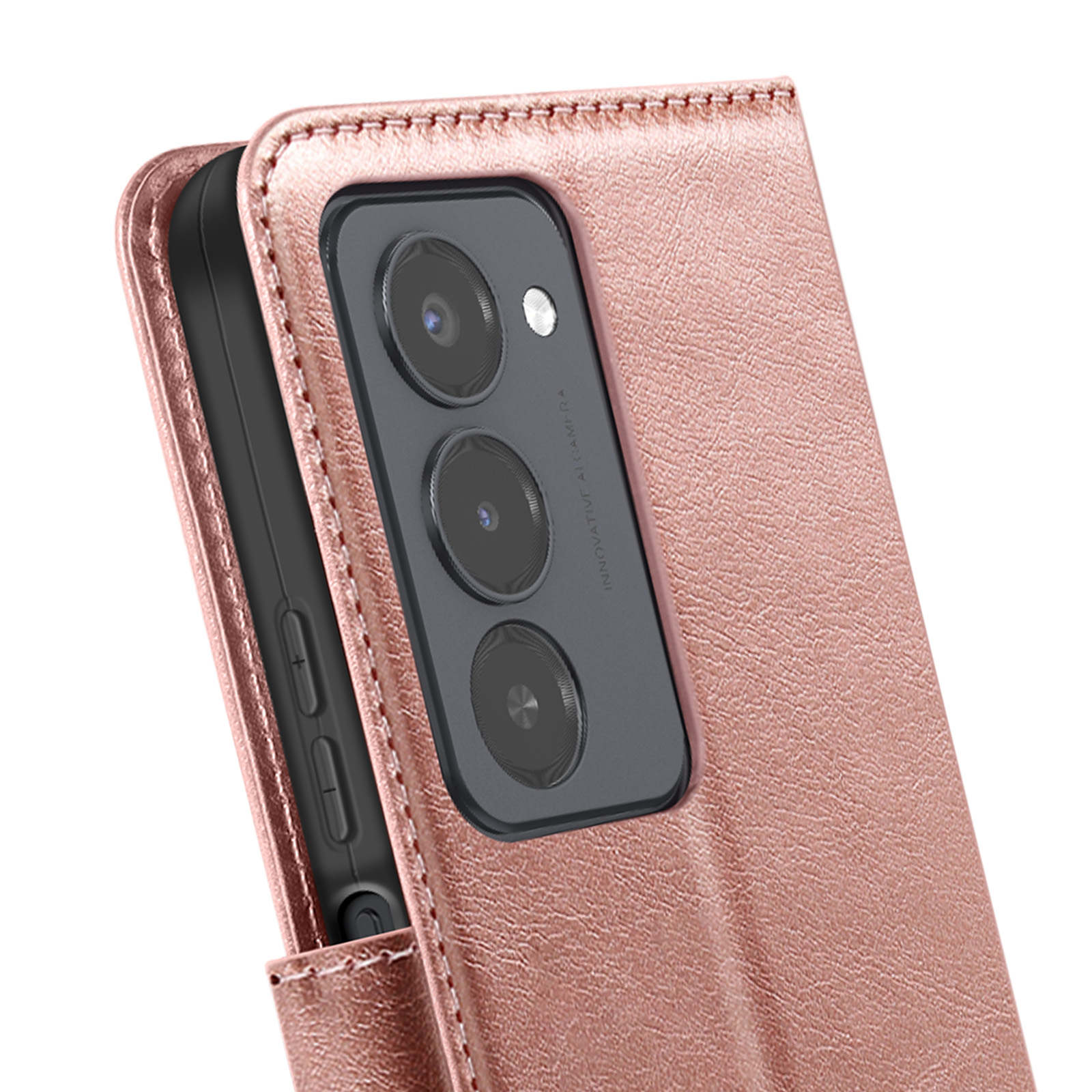 Eine roségoldene Handyhülle ist geöffnet und zeigt ein schwarzes Telefon. Das Telefon hat drei Kameralinsen.