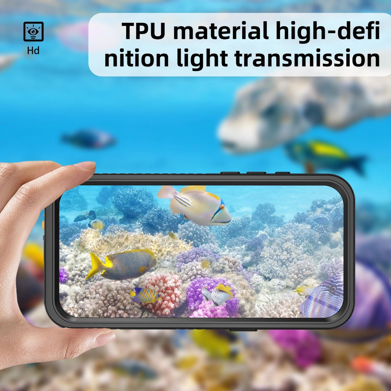 Una mano sosteniendo un teléfono que muestra una escena submarina con peces coloridos y arrecifes de coral. El texto superior dice material de TPU.