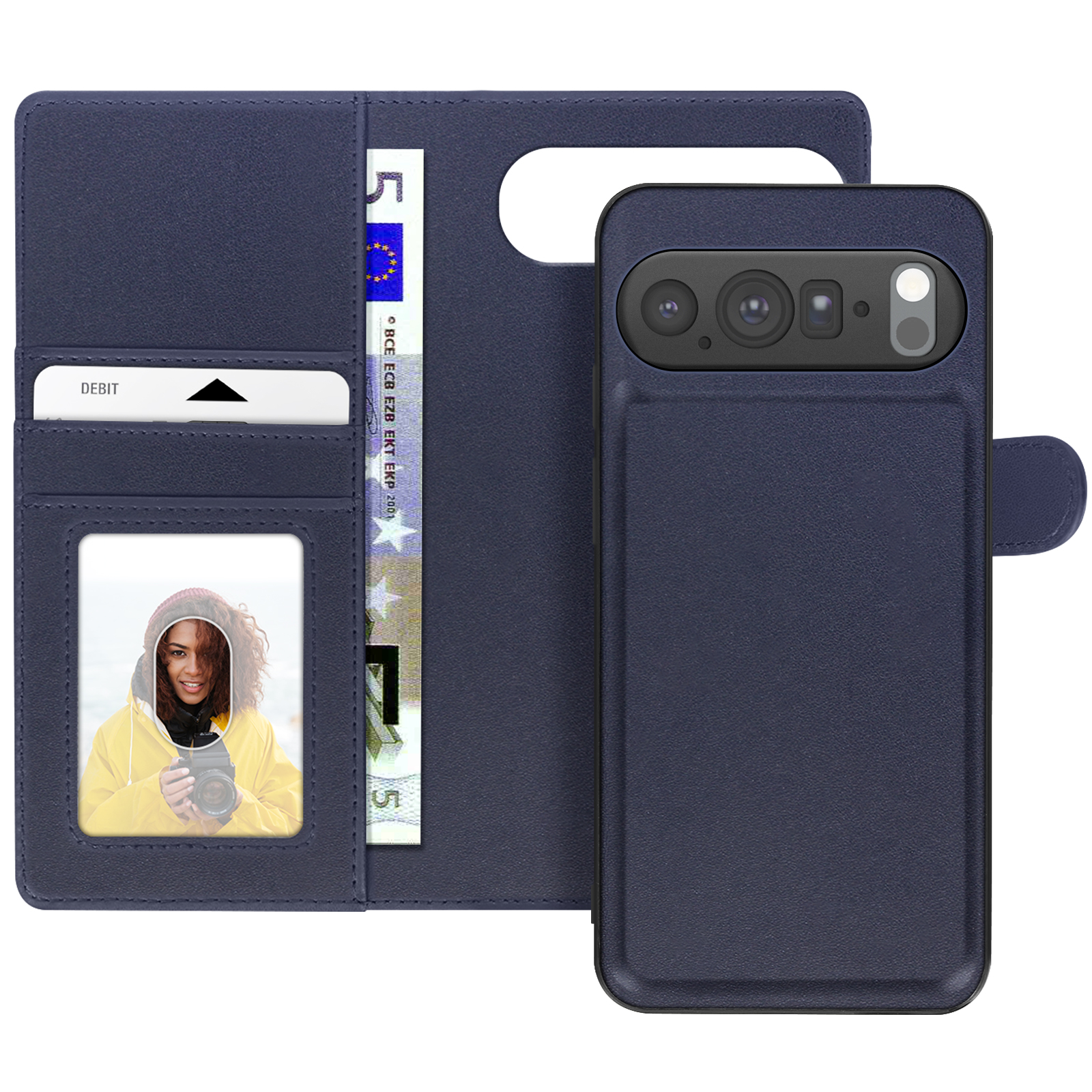 Étui de téléphone bleu avec un téléphone. Il a une fente pour carte avec une carte de débit et une photo d'une femme tenant un appareil photo.