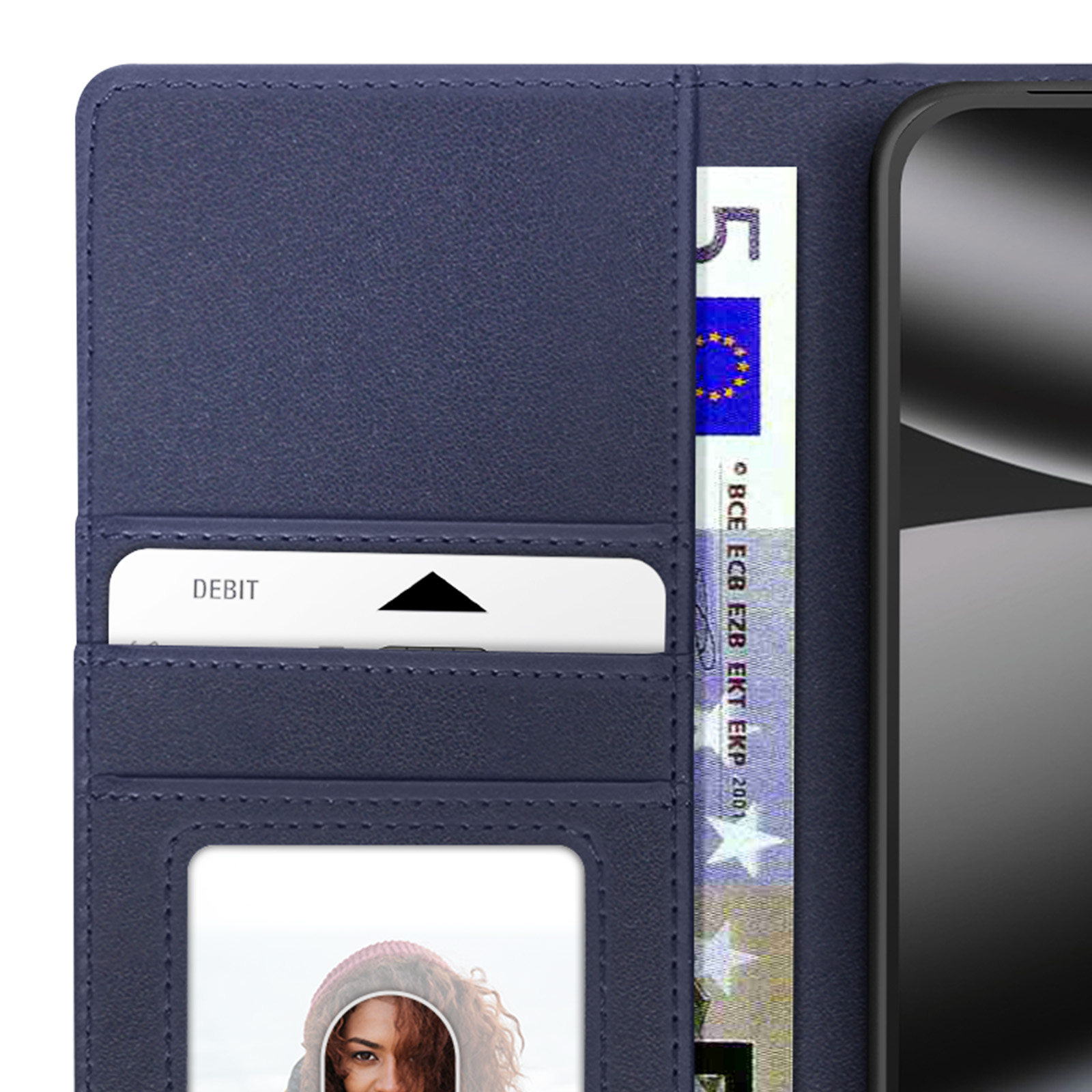 Un portefeuille bleu foncé contient un billet de 5 euros, une carte de débit, une photo d'une femme et un téléphone.