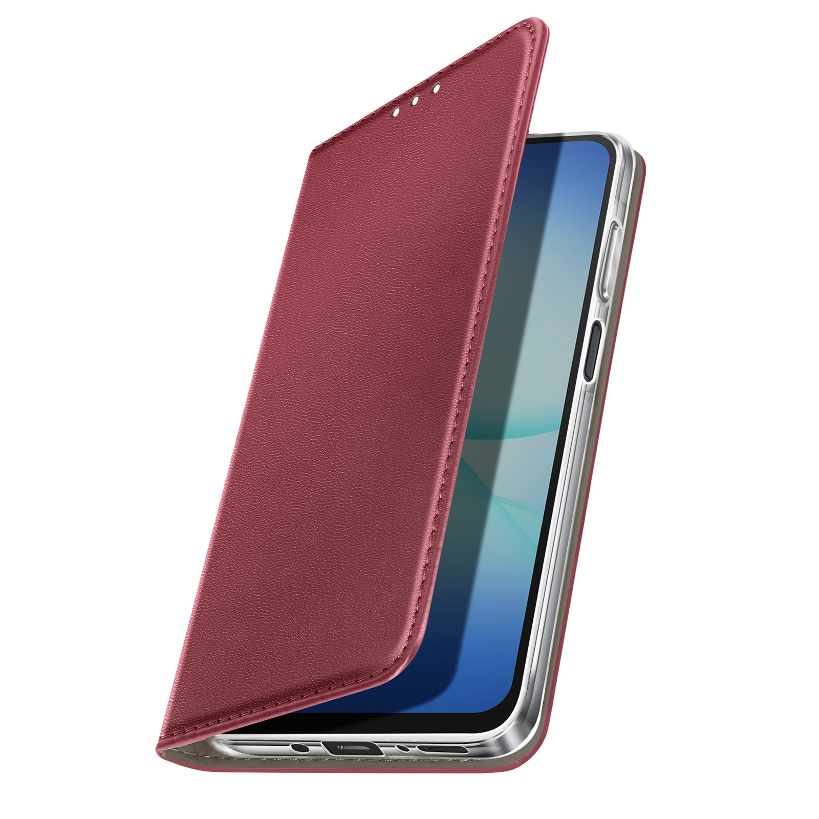 Een bordeauxrode telefoonhoes is open en onthult een smartphone. De hoes heeft een gestructureerd oppervlak en staat op een witte achtergrond.