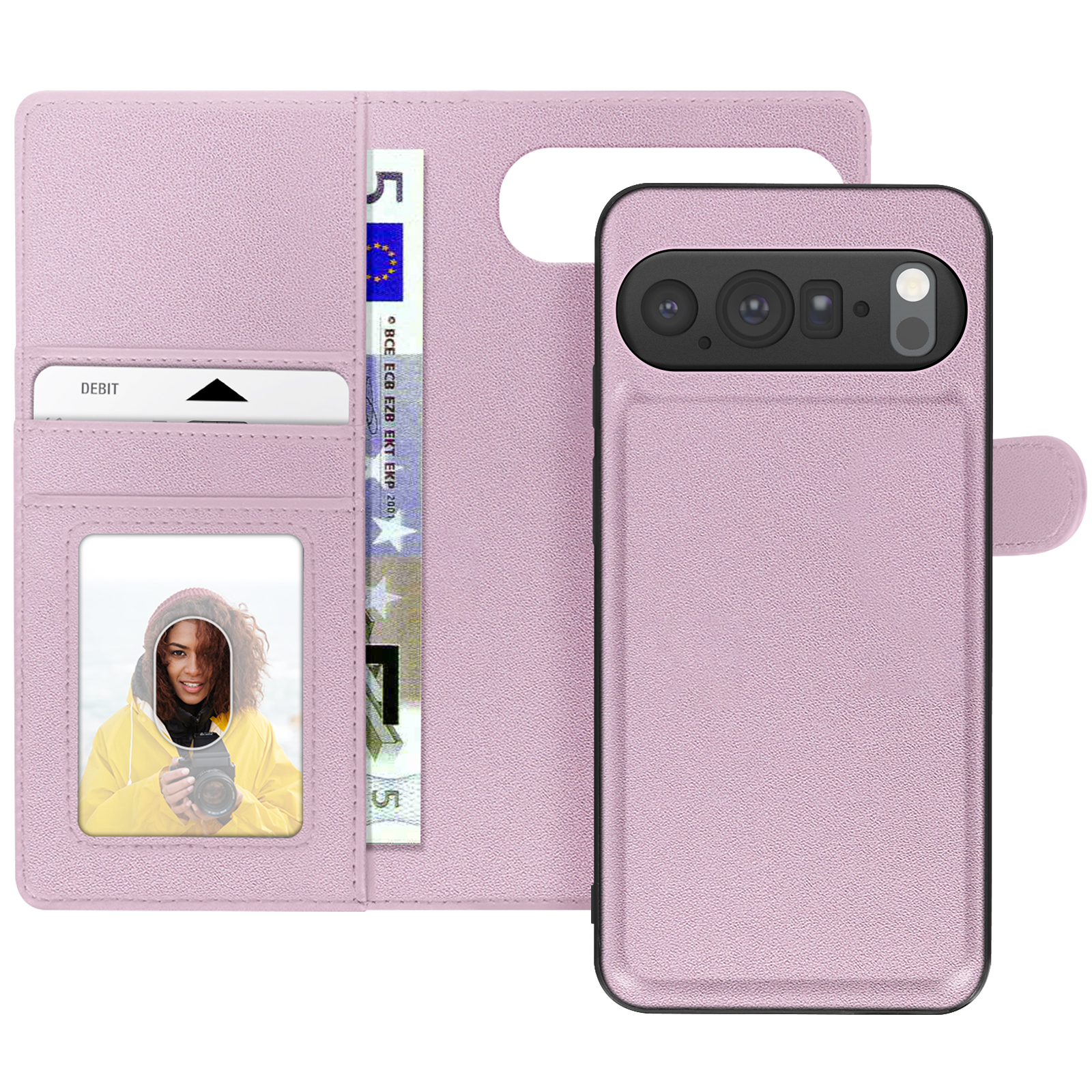Roze telefoonhoesje met telefoon. Bevat een portemonnee met bankpas, foto en een briefje van 5 euro.