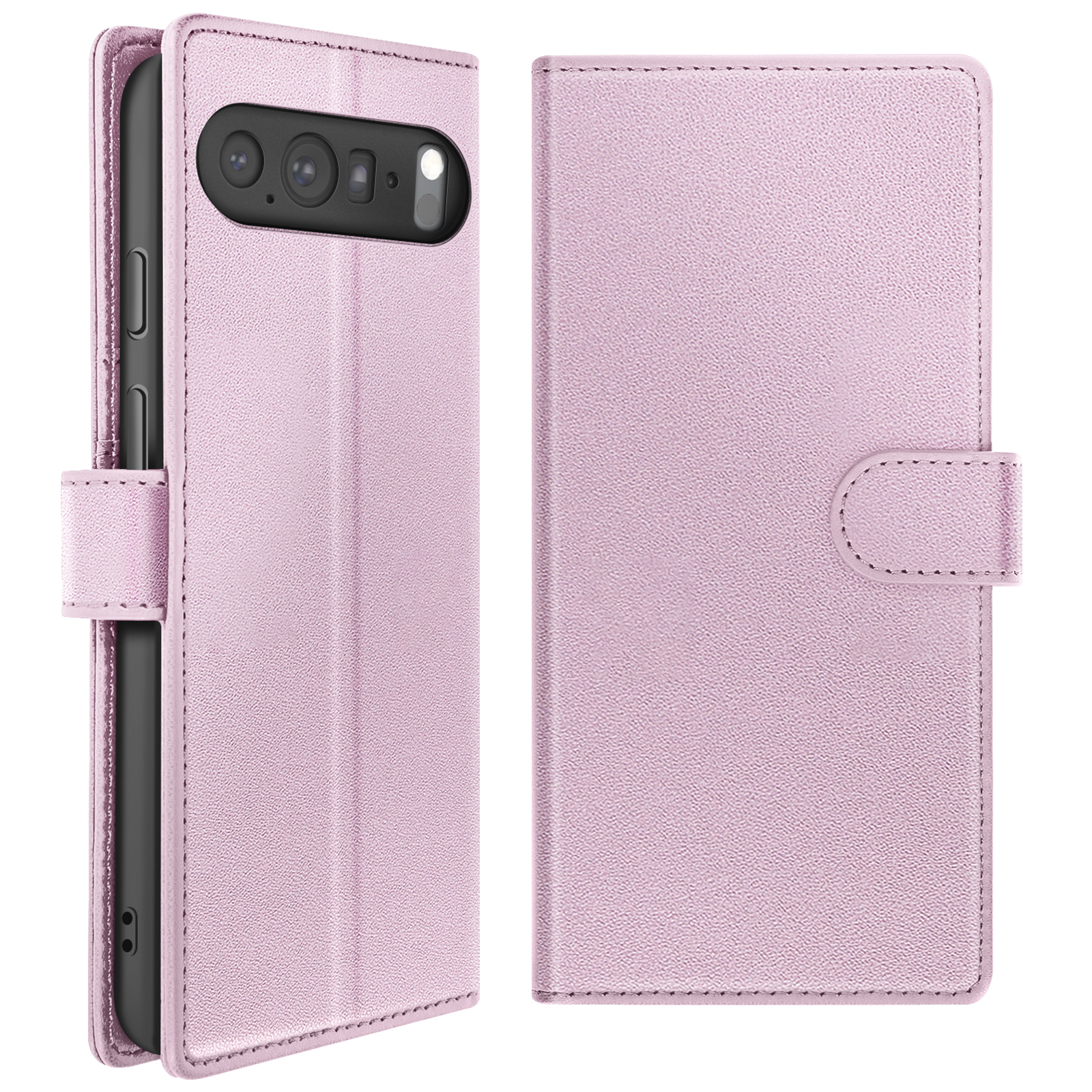 Een roze telefoonhoes, open en dicht, met een telefoon erin. Voorzien van een sluiting en een gestructureerd oppervlak.