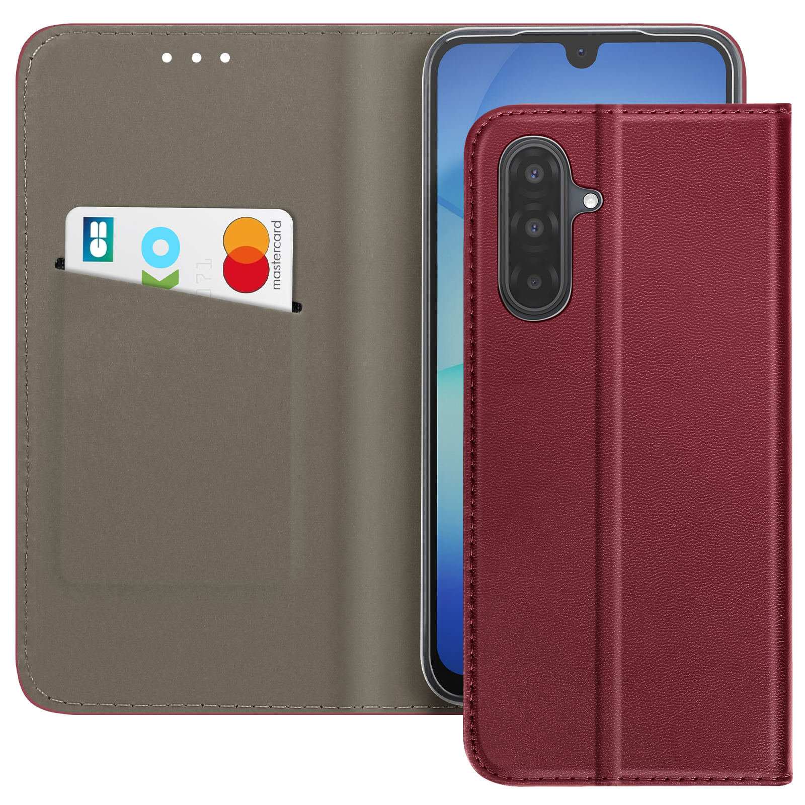 Een telefoon in een rode hoes is open en toont het scherm. Een creditcard zit in de hoes.