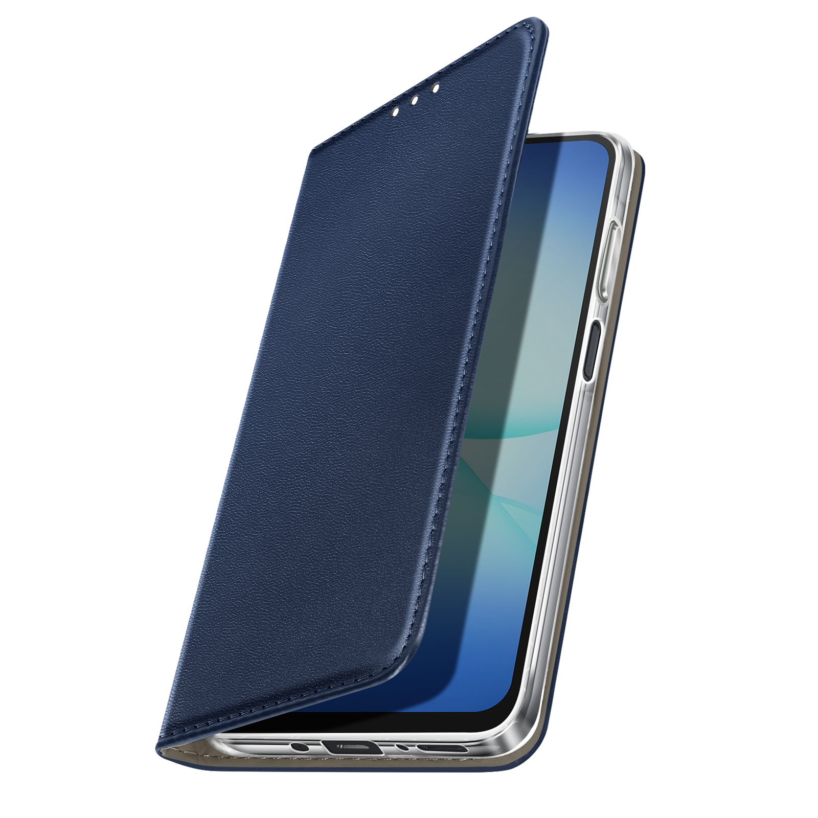 Un étui de téléphone bleu est ouvert, révélant un écran de téléphone. L'étui est en similicuir, avec des coutures visibles. Fond blanc.