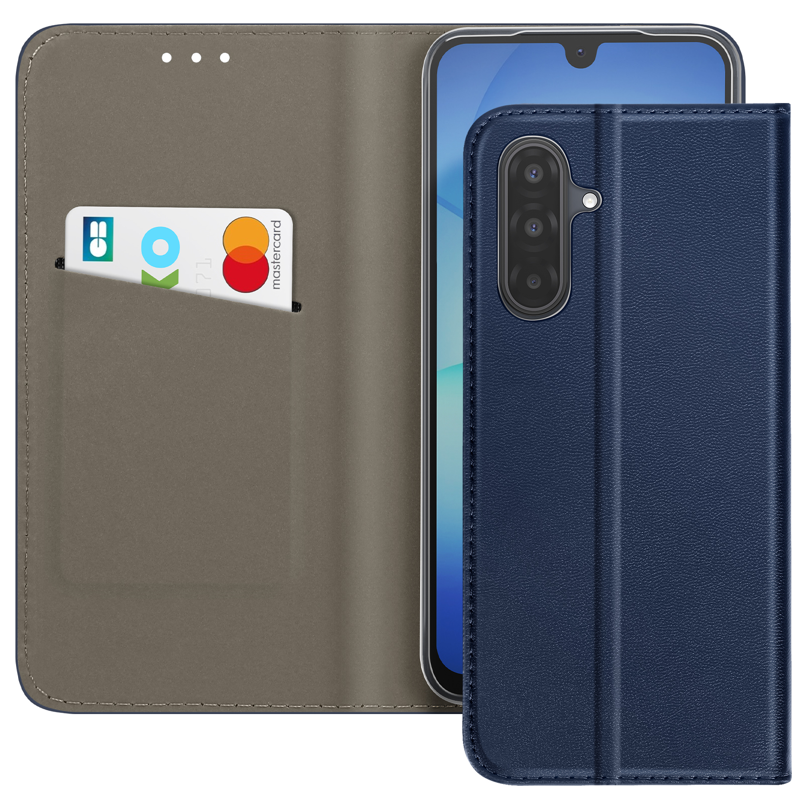 Un étui de téléphone bleu avec un téléphone à l'intérieur. Une carte de crédit est dans une poche à gauche.