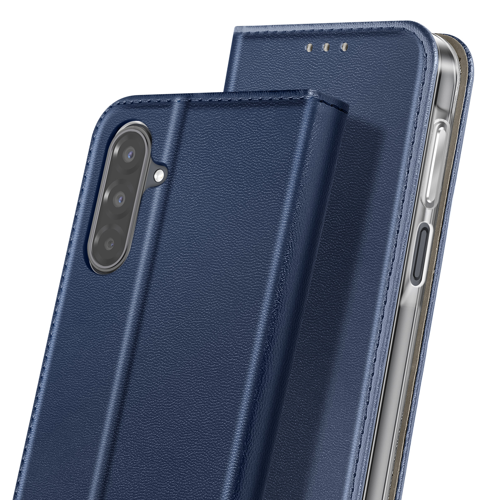 Un étui de téléphone bleu est ouvert, montrant la caméra et les boutons du téléphone. L'étui a une texture cuir.