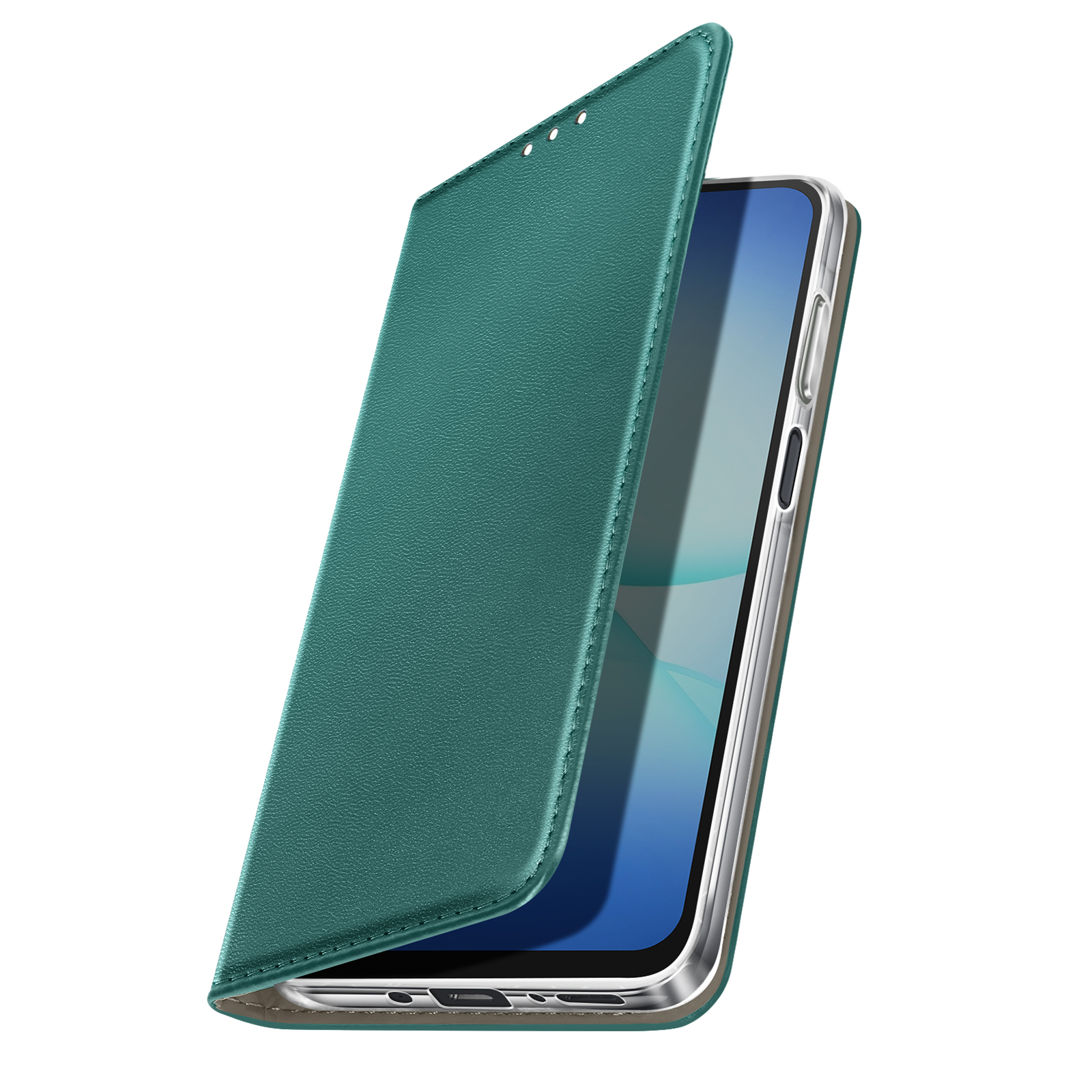 Un étui de téléphone bleu-vert partiellement ouvert, révélant un smartphone. L'étui est texturé, sur fond blanc.