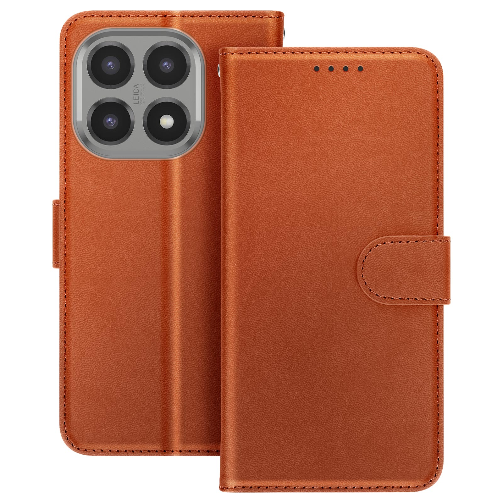 Custodia per telefono in pelle marrone. Presenta un ritaglio per la fotocamera e una chiusura magnetica. La custodia è aperta.