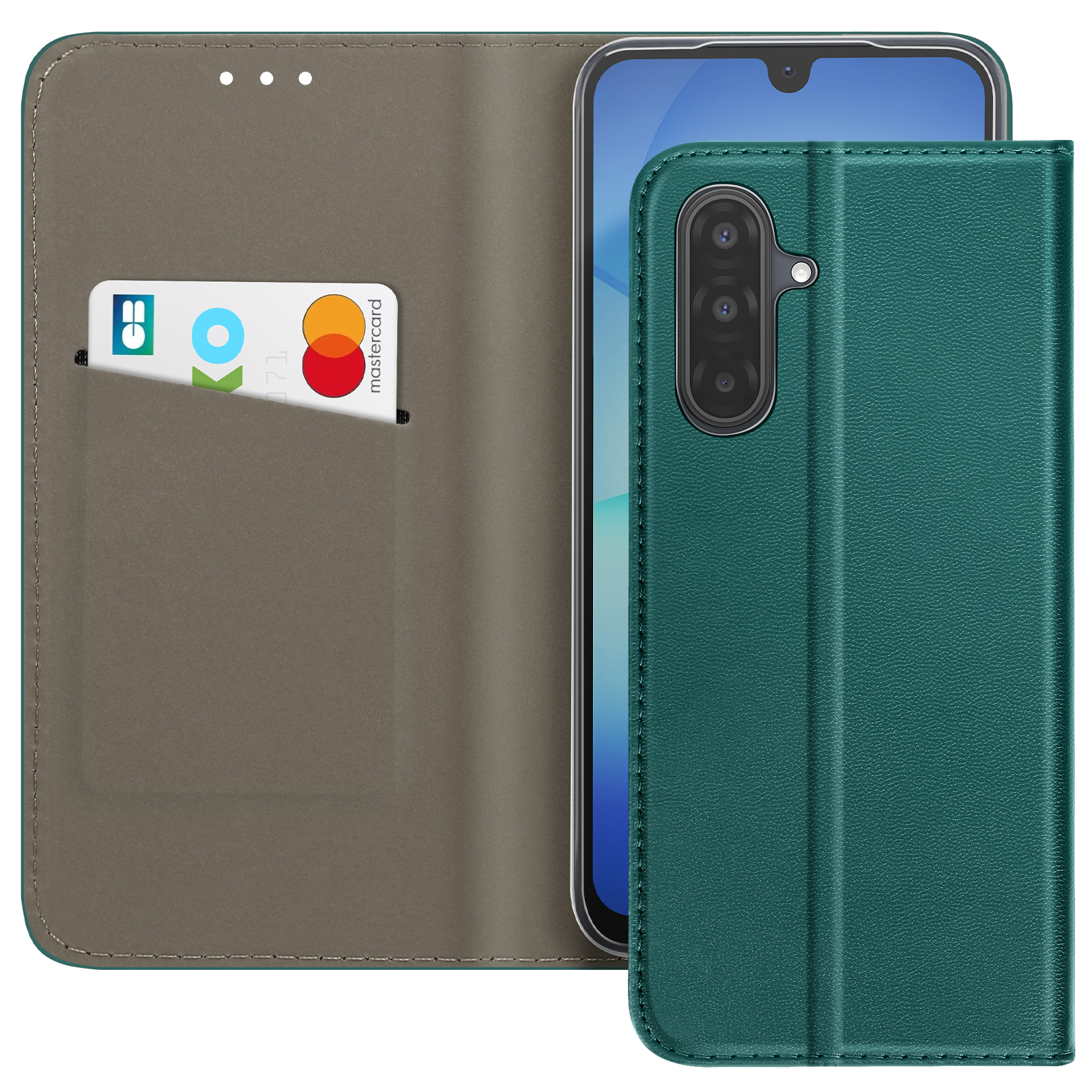 Étui de téléphone vert avec un téléphone. Couverture intérieure grise avec fente pour carte contenant une carte de crédit.