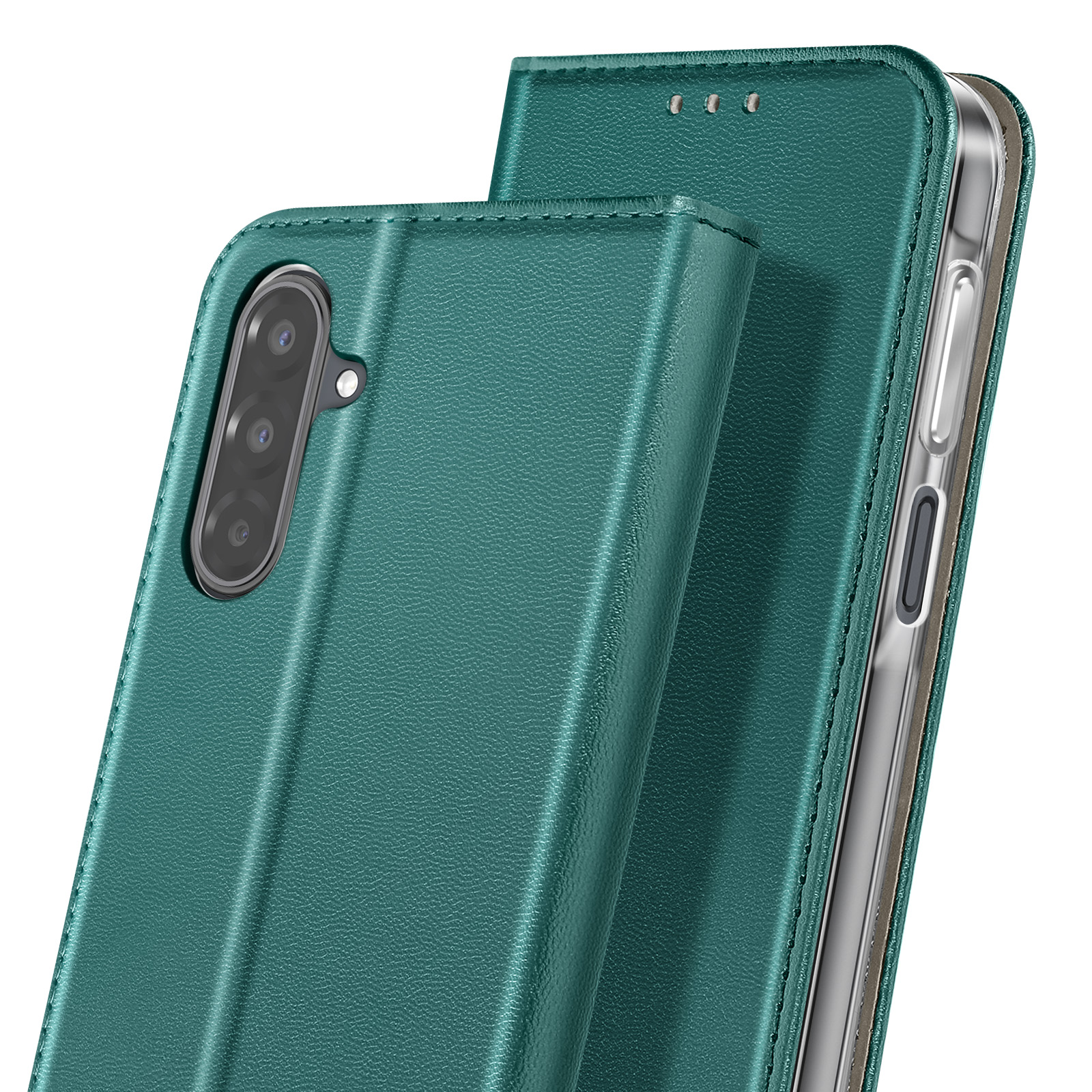 Un étui de téléphone sarcelle, ouvert, montre l'appareil photo d'un téléphone. L'étui est en matériau semblable au cuir texturé.