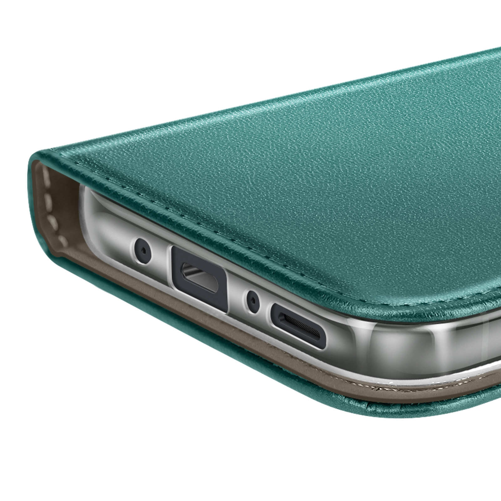 Gros plan sur un étui de téléphone bleu-vert avec téléphone visible. L'étui a une texture cuir et une doublure intérieure beige.
