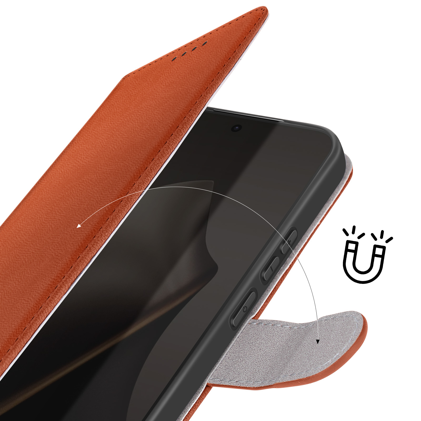 Viene mostrato un telefono in una custodia di pelle marrone. La custodia è aperta, rivelando lo schermo del telefono. È visibile un'icona a forma di magnete.