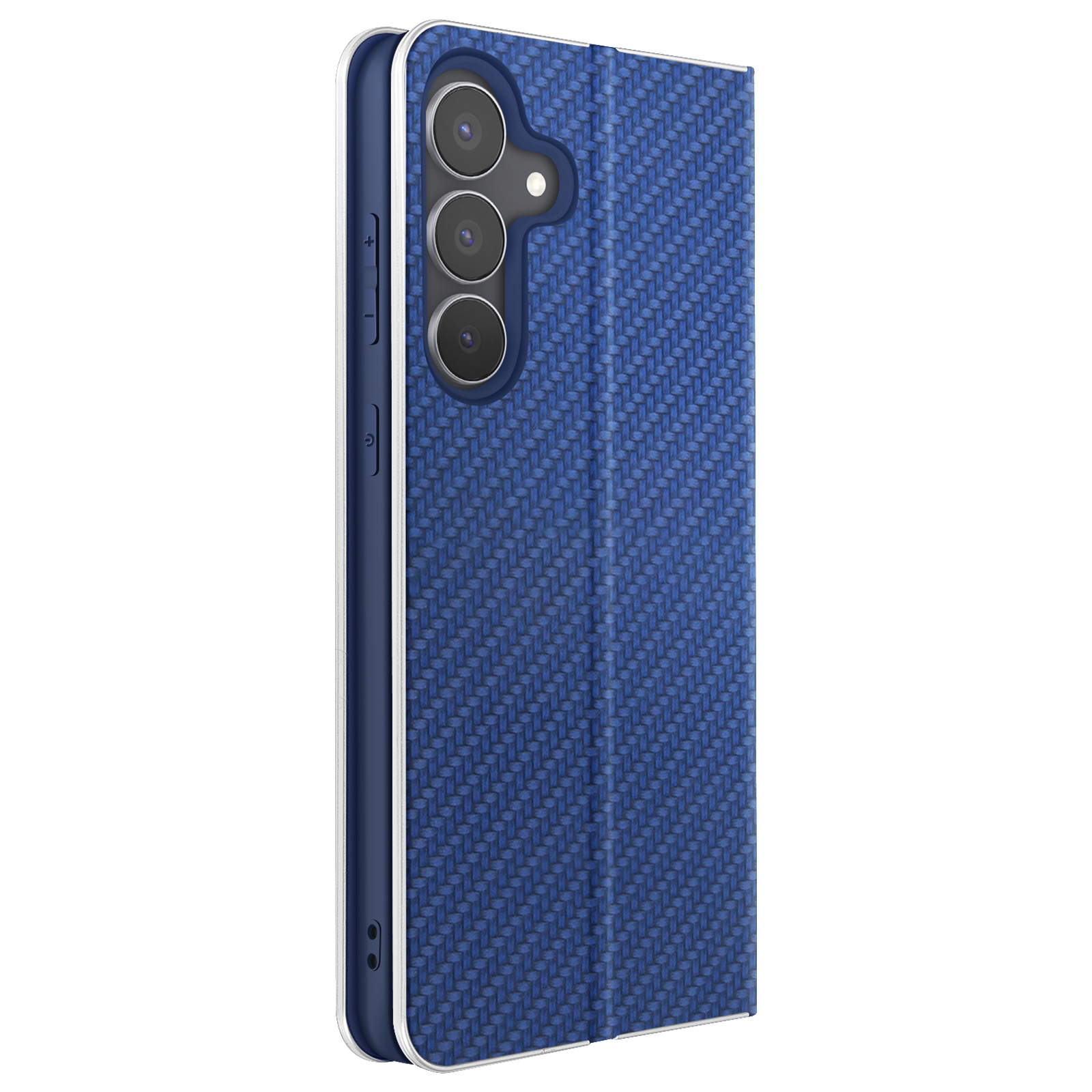 Custodia blu per telefono con motivo intrecciato. Tre obiettivi della fotocamera sono visibili. La custodia è aperta, rivelando il lato.