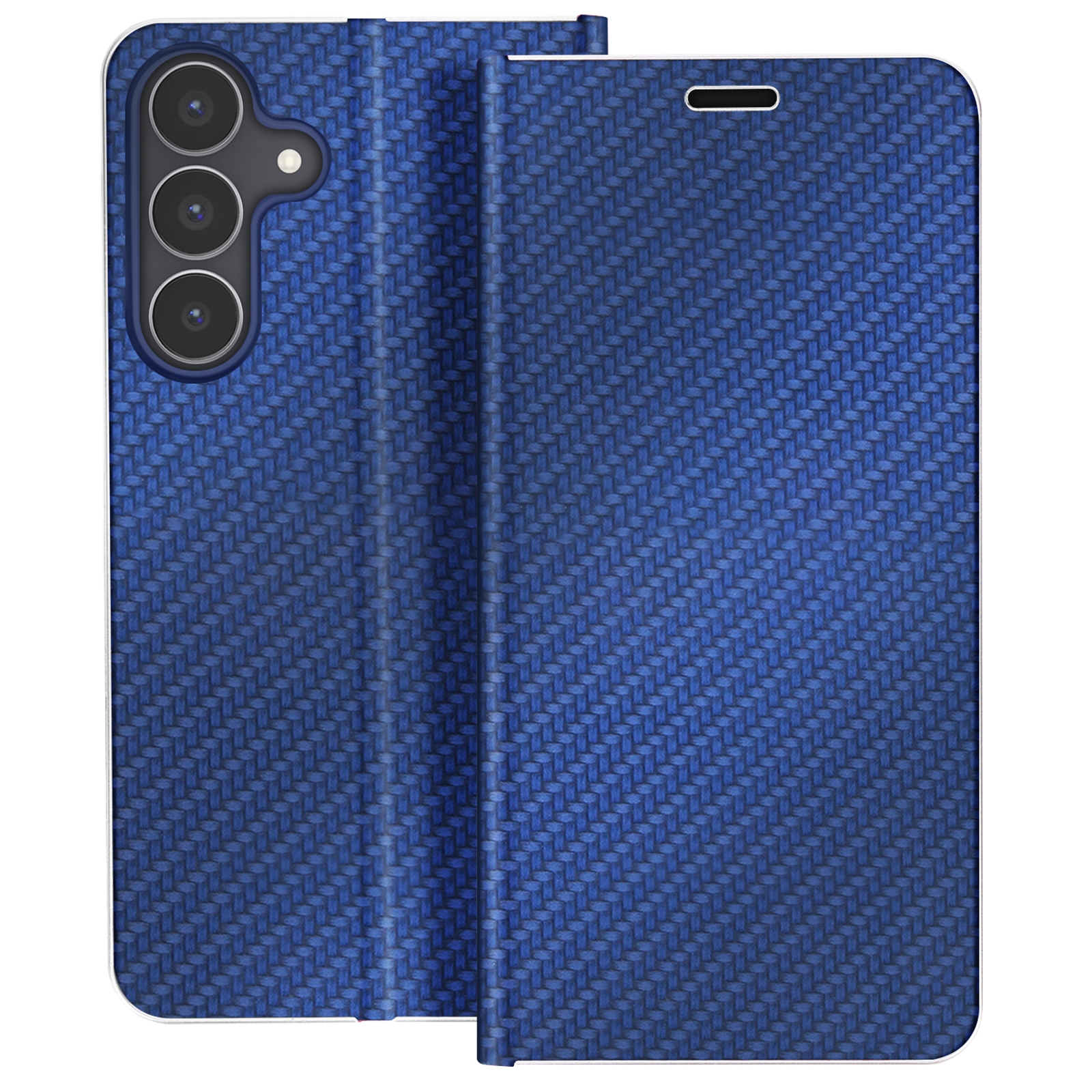 Custodia per telefono blu con trama intrecciata, parzialmente aperta. Dispone di un modulo fotocamera. La custodia è su sfondo bianco.