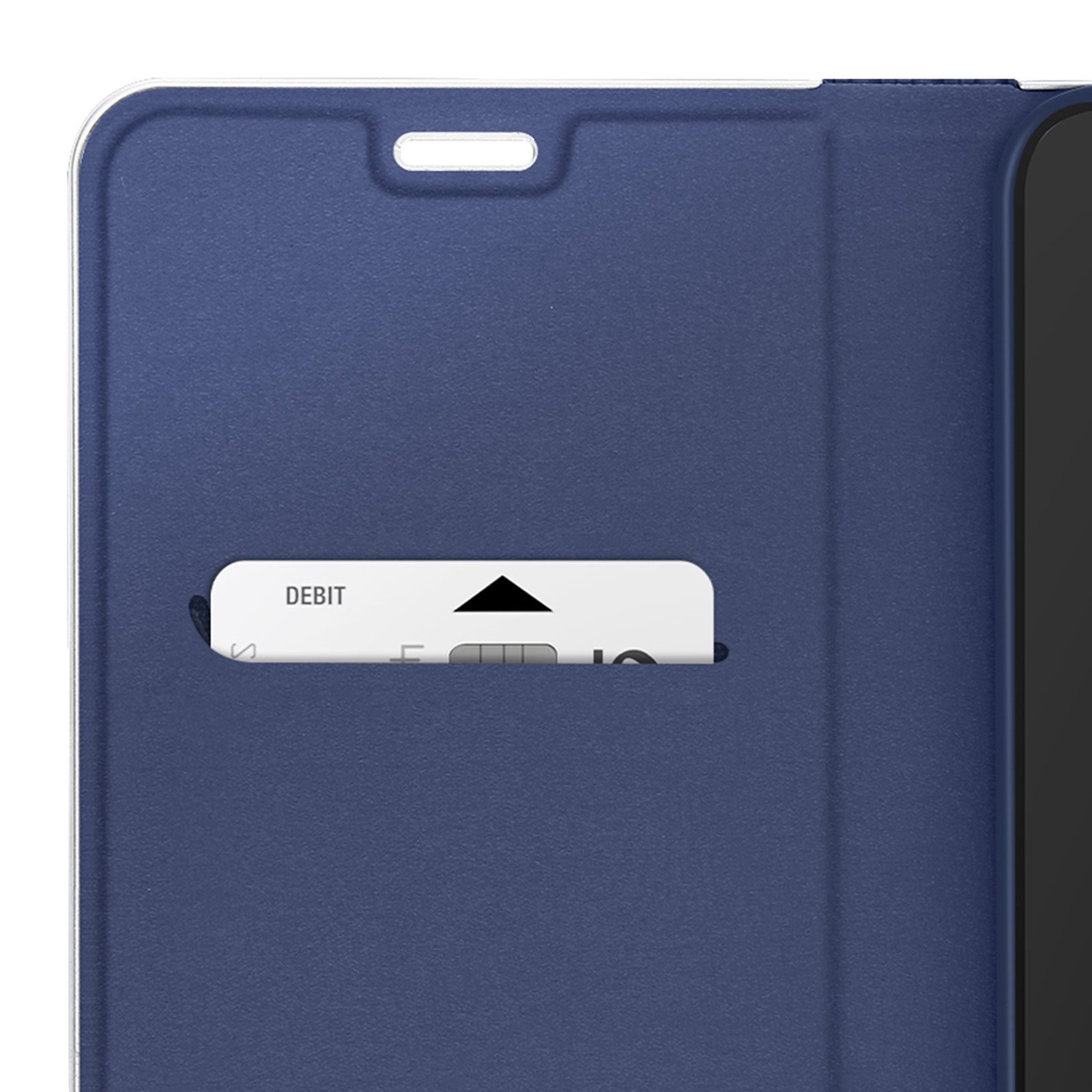 Una custodia blu navy. Una carta è nello slot, con l'etichetta 'DEBIT'. La custodia ha un ritaglio nella parte superiore.