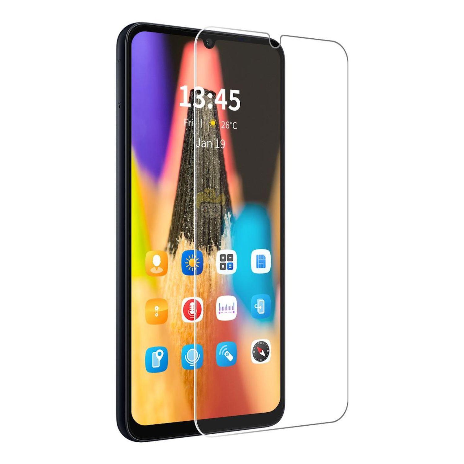 Uno smartphone con protezione schermo. Lo schermo mostra l'ora, la data e le icone delle app. Il telefono è nero con sfondo bianco.