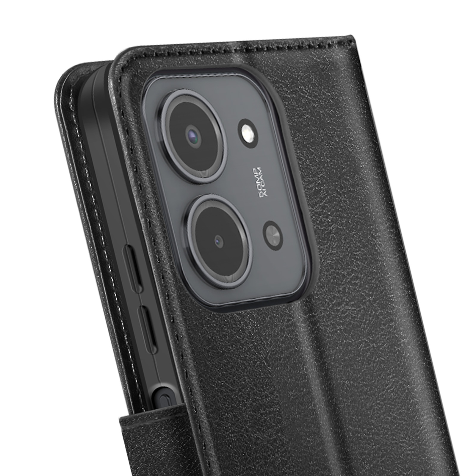 Primo piano di una custodia nera per telefono con un telefono all'interno. Il telefono ha due lenti della fotocamera. La custodia è simile alla pelle.