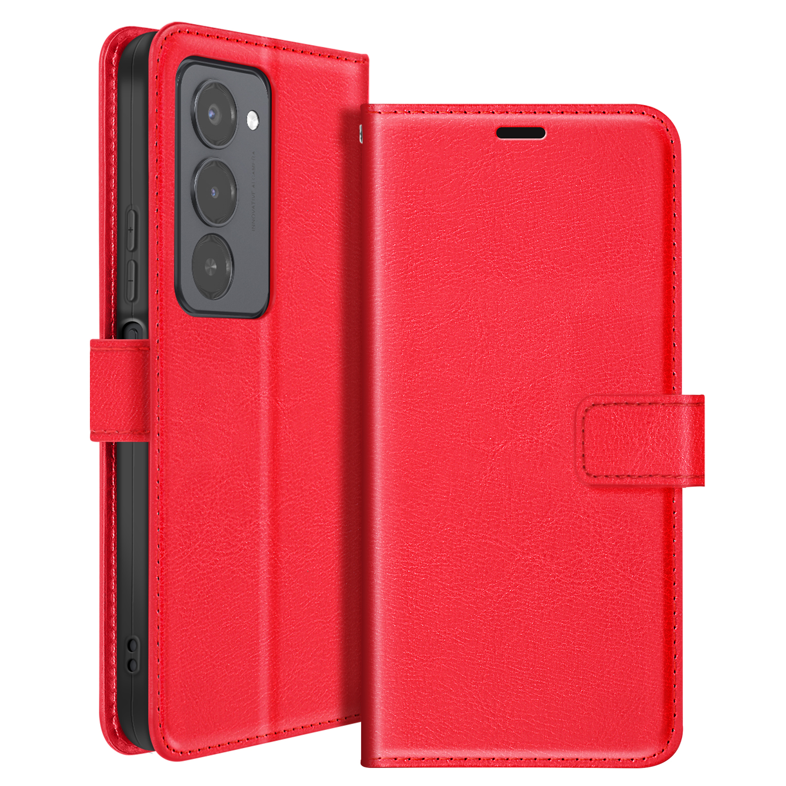 Eine rote Leder-Handyhülle, geöffnet, mit einem schwarzen Telefon. Die Hülle hat einen Magnetverschluss.