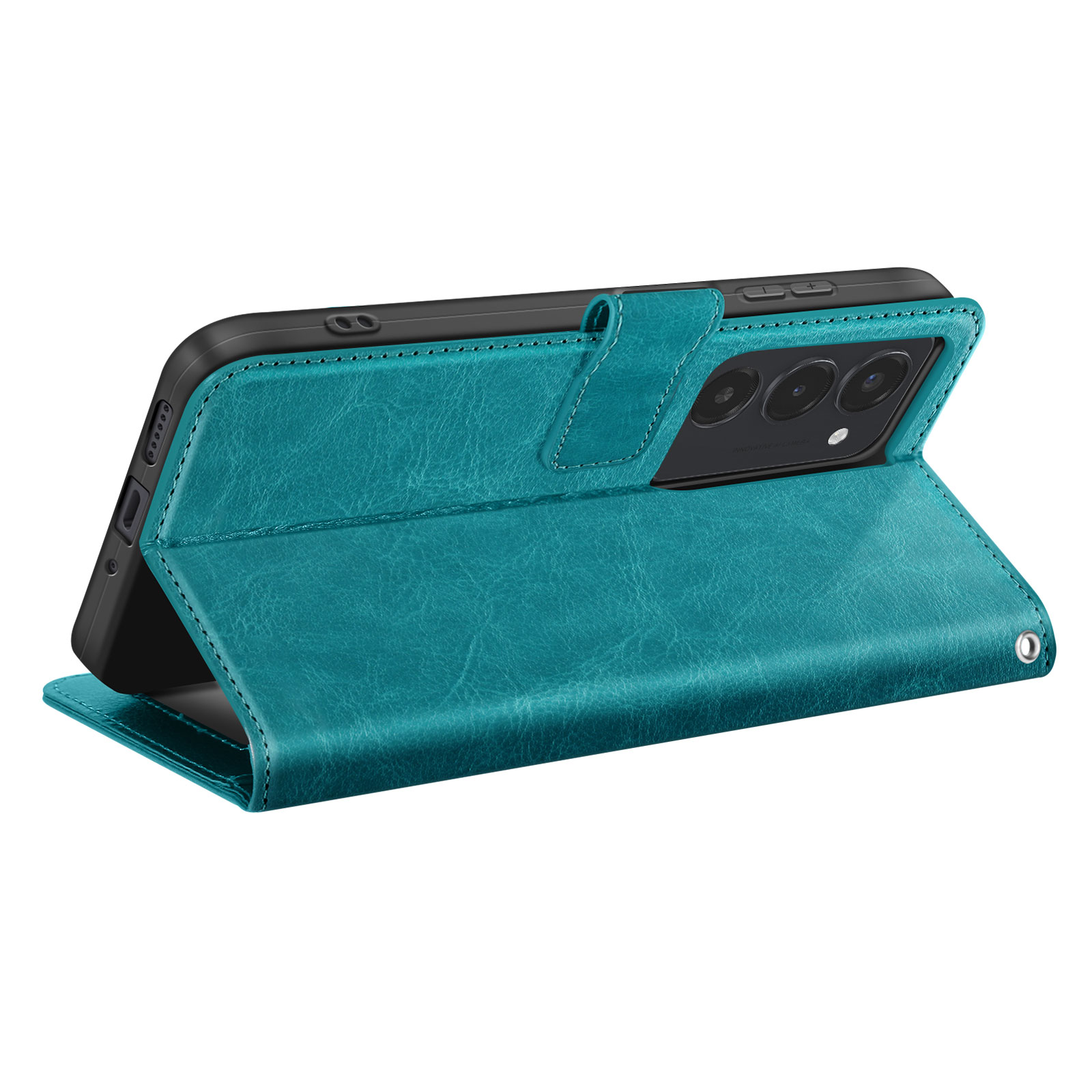 Eine teal Leder Handyhülle ist geöffnet und zeigt das Telefon. Die Hülle hat einen Magnetverschluss und ein genähtes Design.