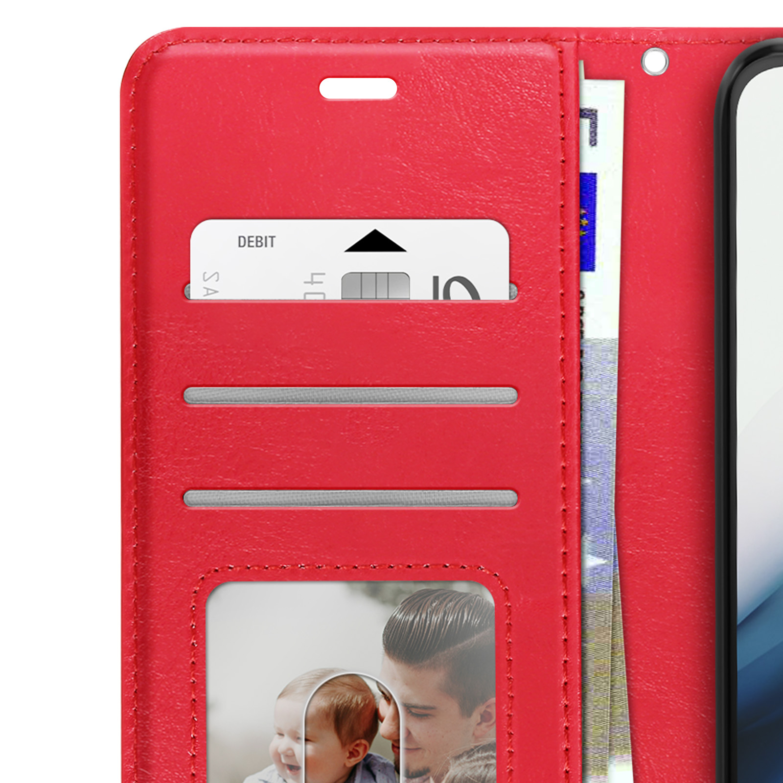 Rotes Portemonnaie mit Debitkarte, Foto und Telefon. Enthält Geld.