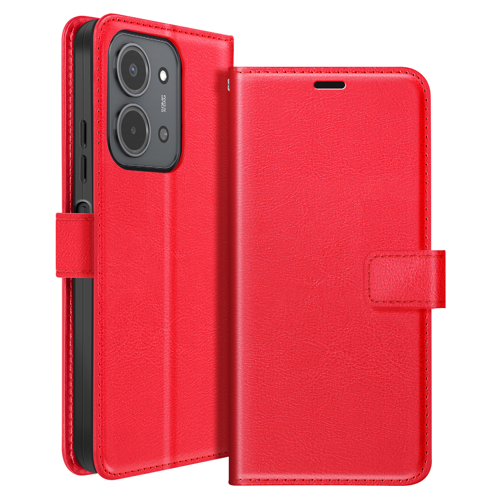 Una custodia per telefono in pelle rossa, aperta, che mostra un telefono con due fotocamere. La custodia ha una chiusura magnetica.